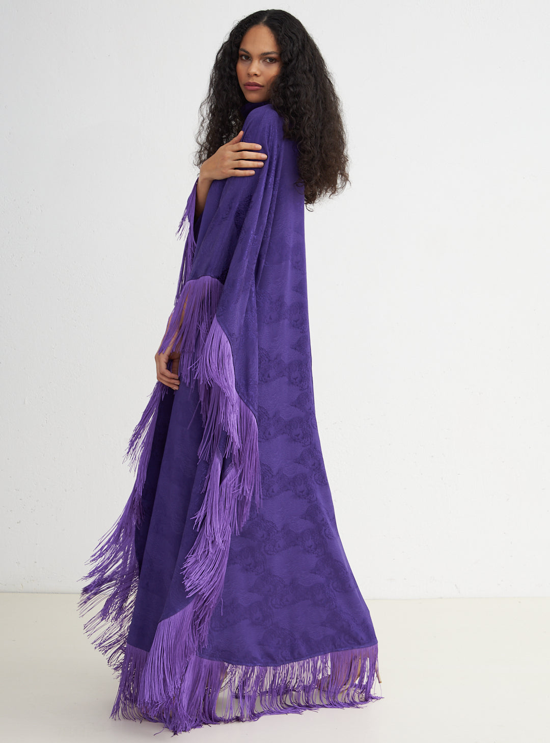 Purple Jacquard Kaftan Dress With Tie Neck Detailed