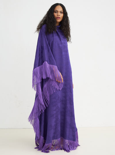 Purple Jacquard Kaftan Dress With Tie Neck Detailed