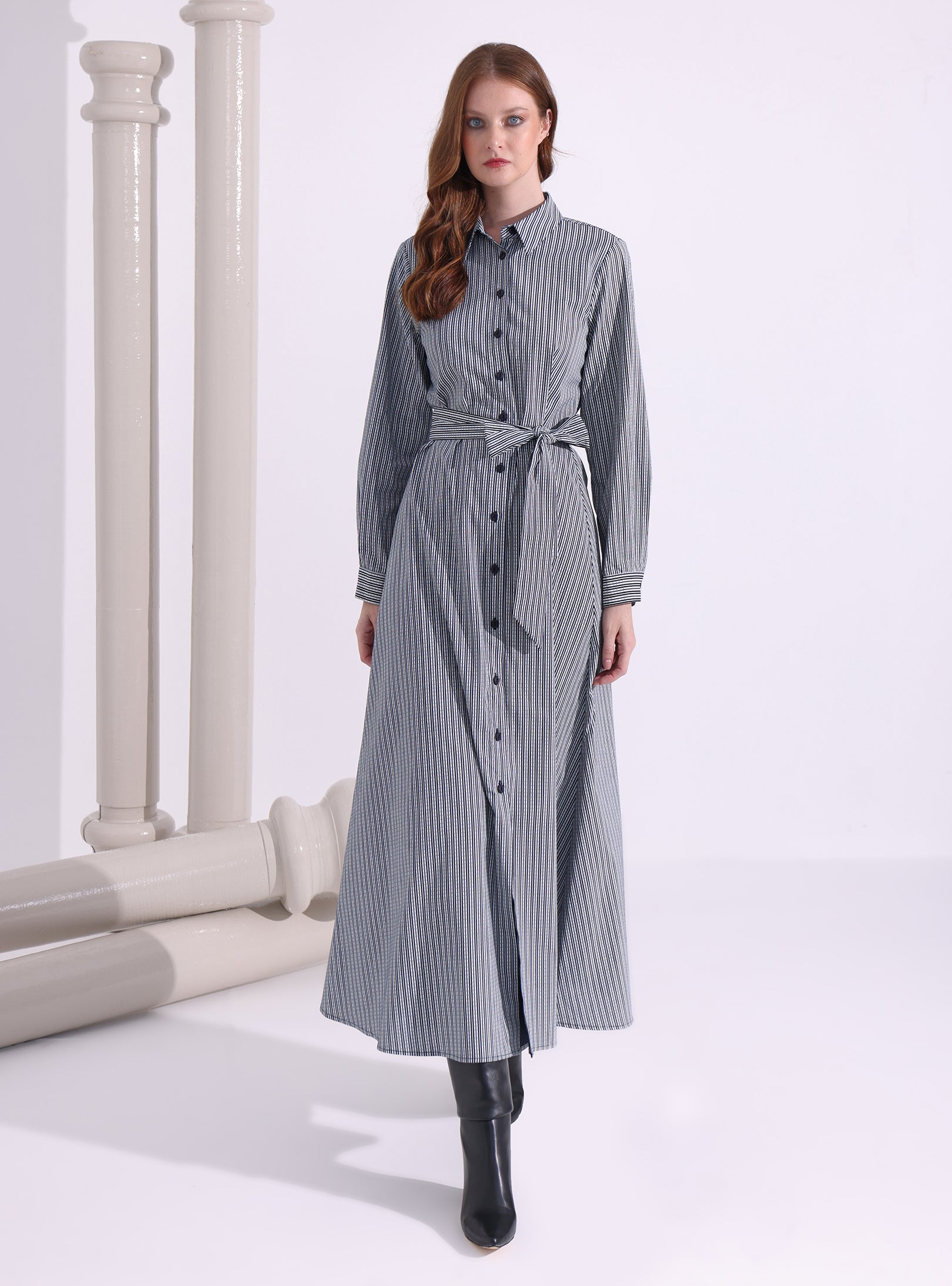 Navy Stripe Maxi Shirt Dress | WF Atelier Cotton Modest Fashion Store WF Navy Stripe Maxi Shirt Dress | WF Atelier Cotton Modest Fashion Store WF