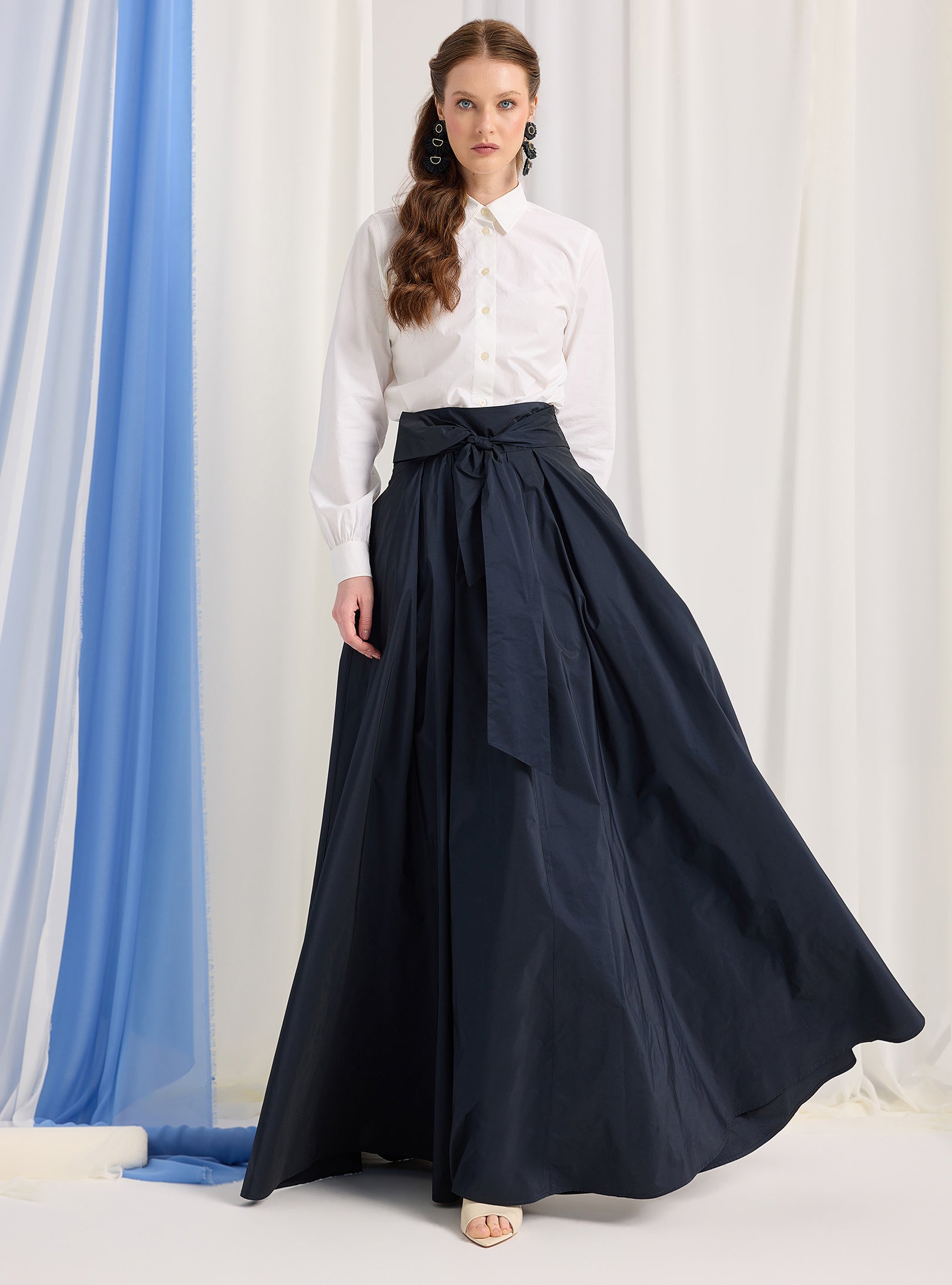 Navy Taffeta Belted Maxi Skirt