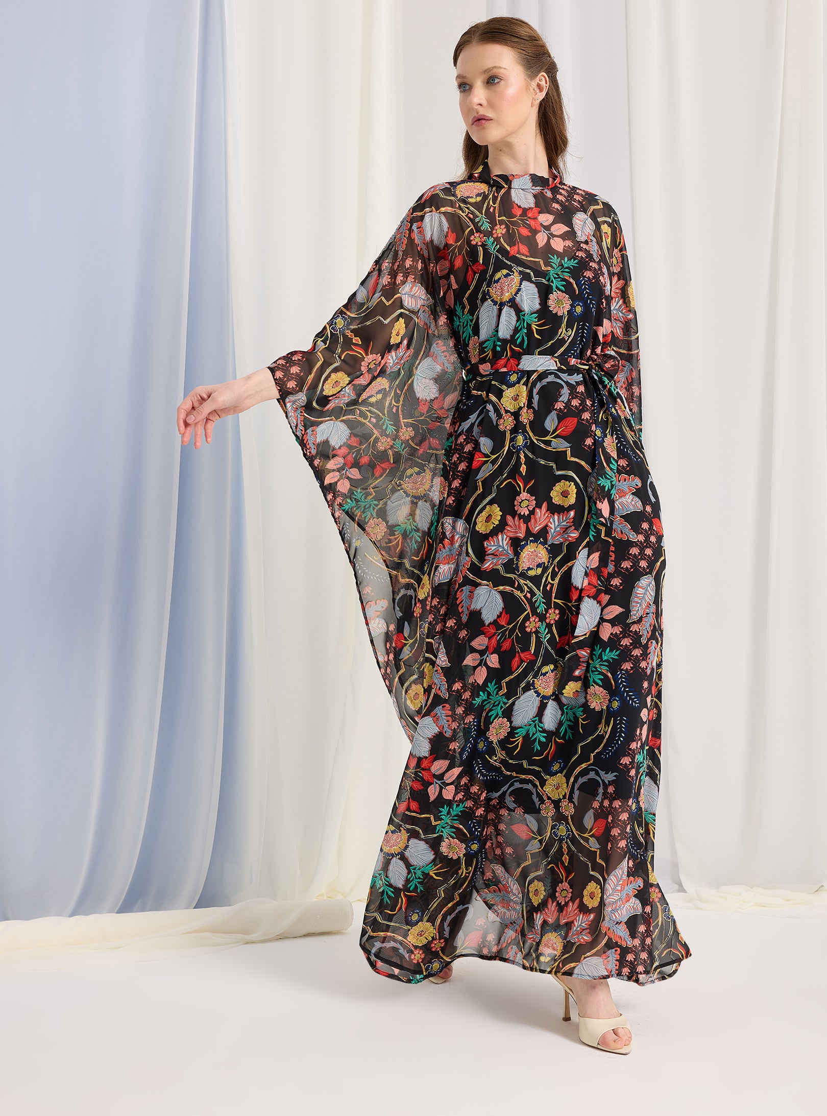 Black Printed Gold Lurex Belted Kaftan Dress