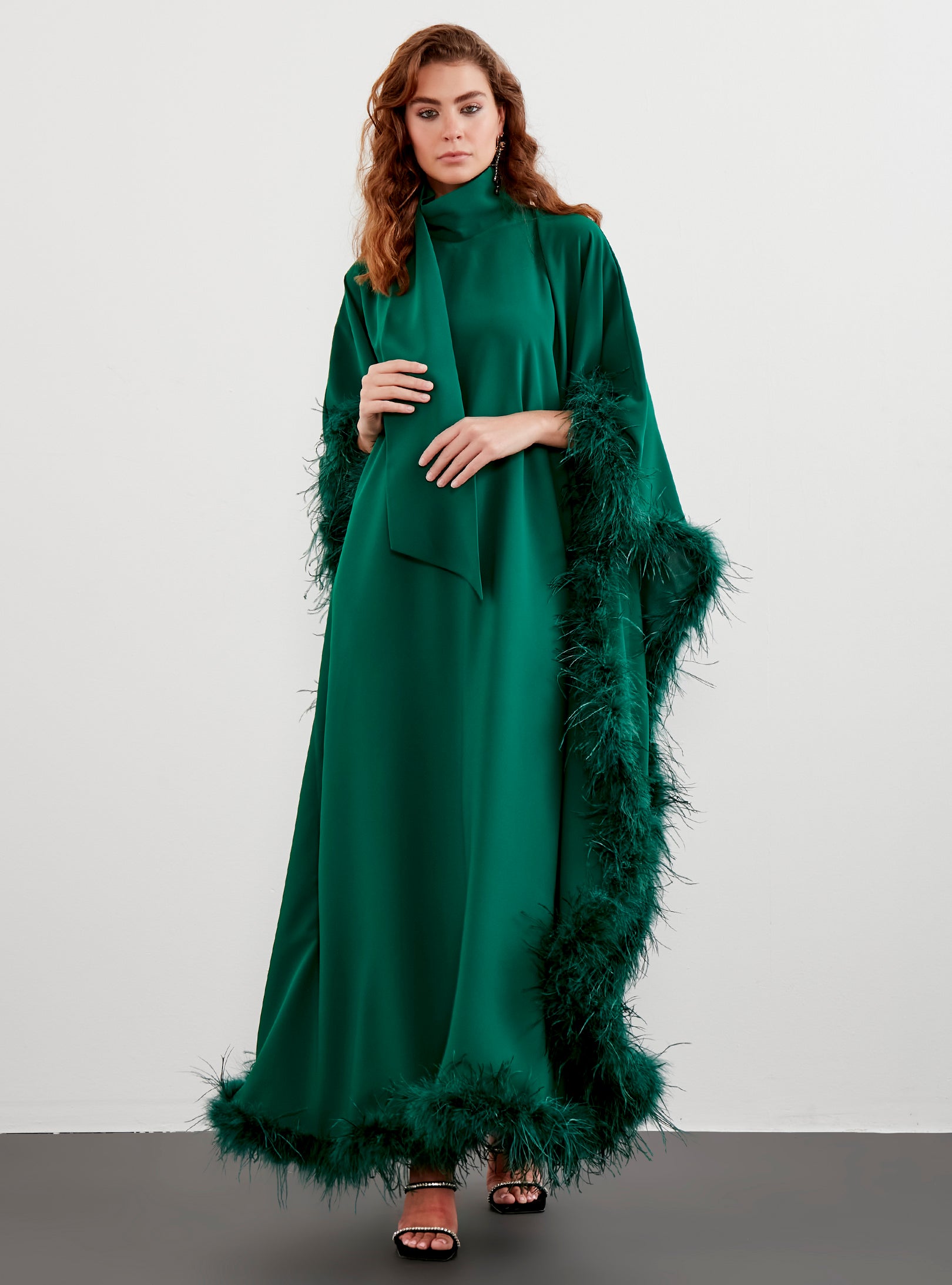 Feather Trimmed Emerald Kaftan Dress Store WF Feather Trimmed Emerald Kaftan Dress Store WF