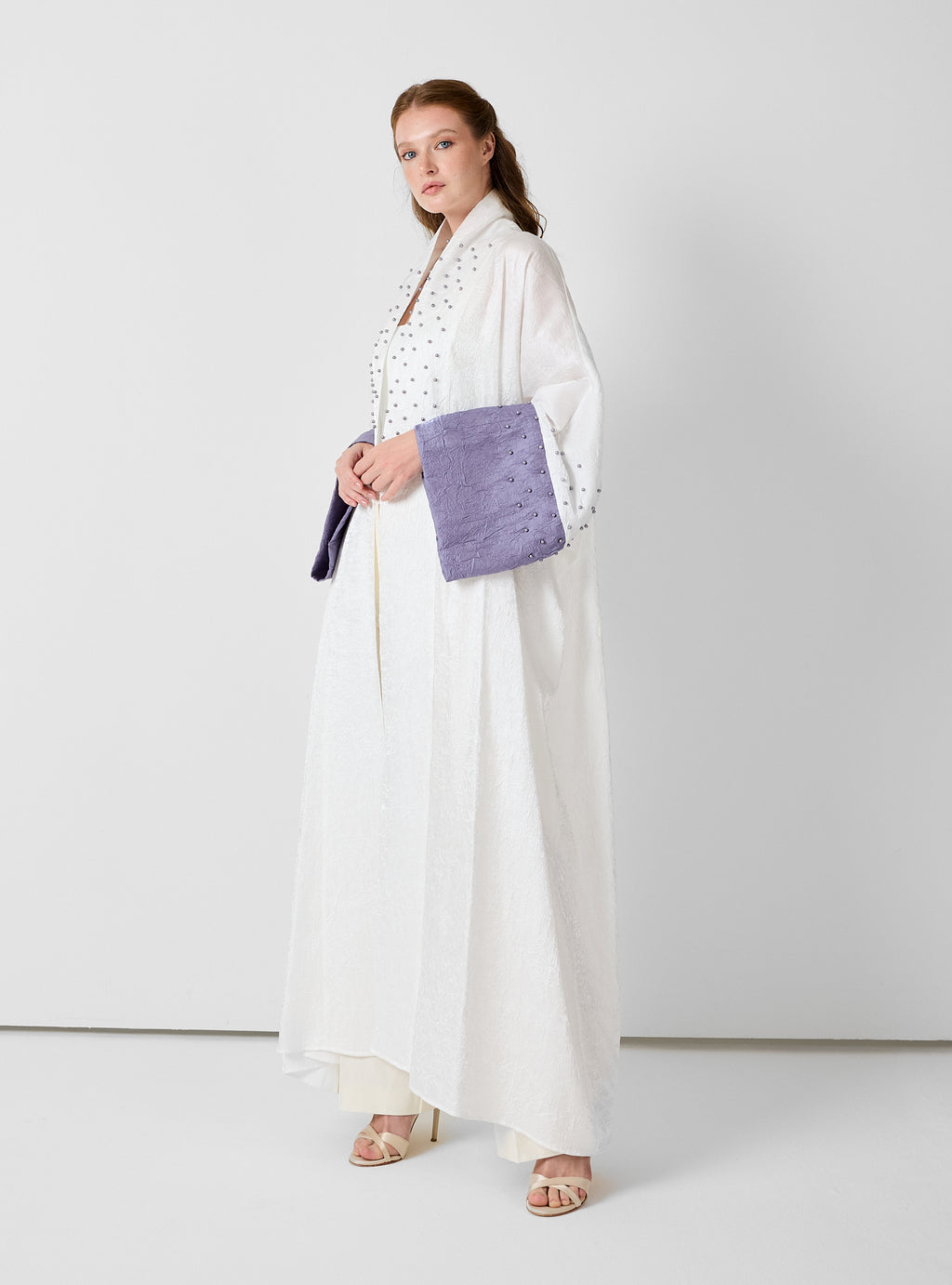 Ivory Crinkle Abaya with Pearl Detailing & Contrast Cuffs
