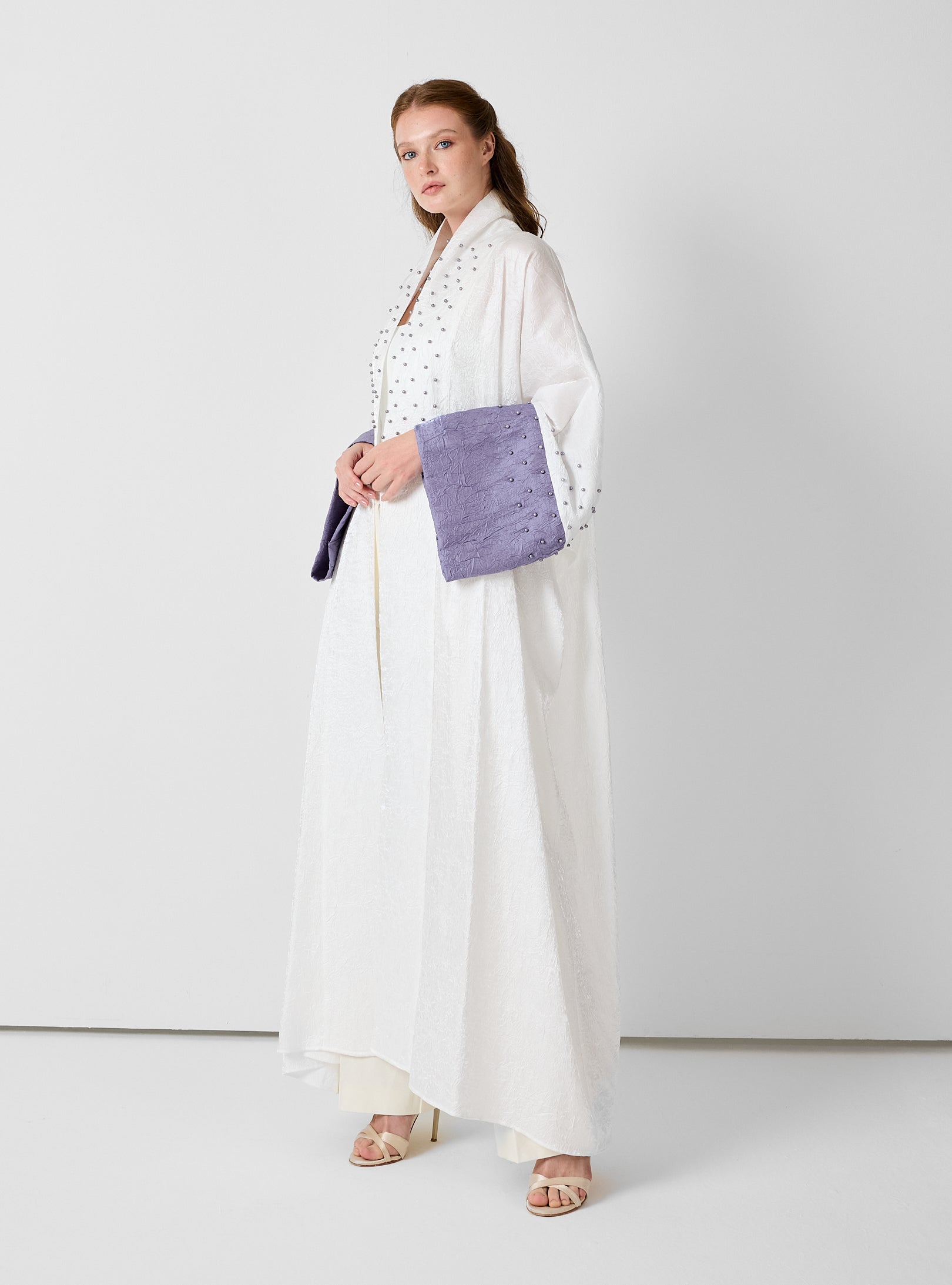 Ivory Crinkle Abaya with Pearl Detailing & Contrast Cuffs