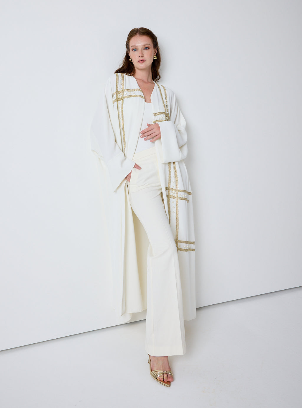Off-White Abaya with Gold & Pearl Embellishments