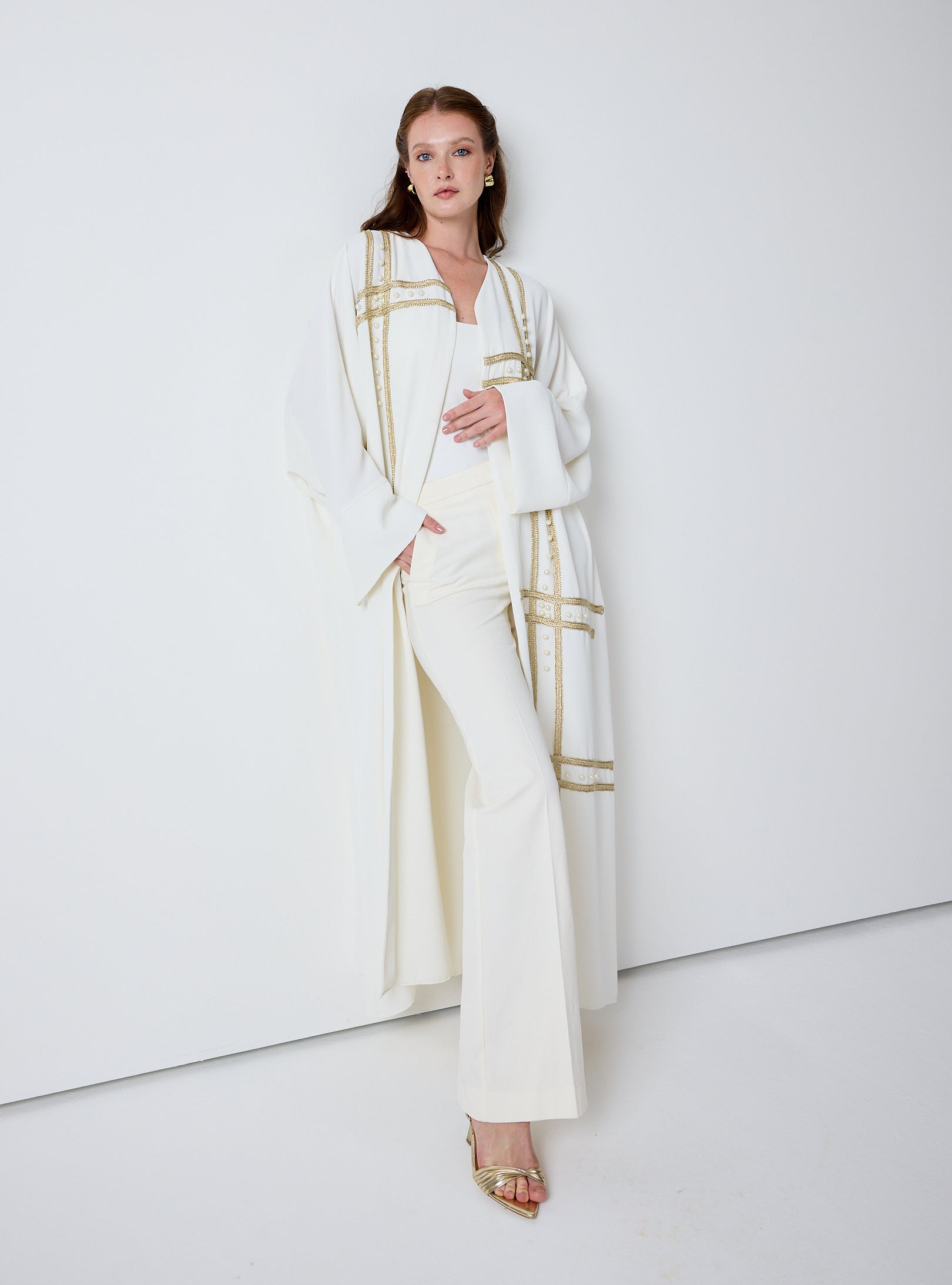Off-White Abaya with Gold & Pearl Embellishments