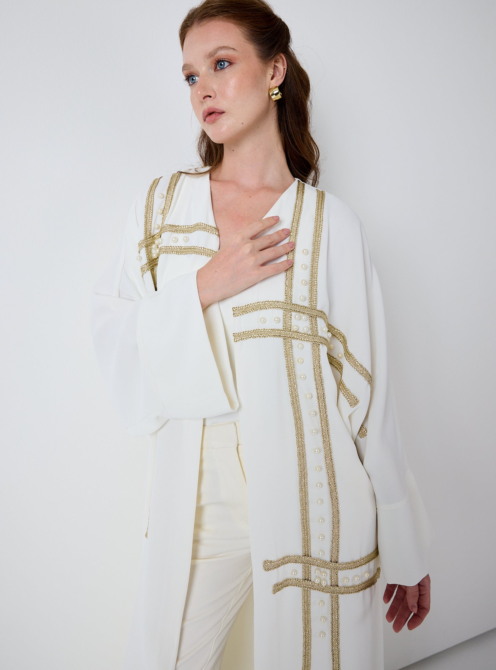 Off-White Abaya with Gold & Pearl Embellishments