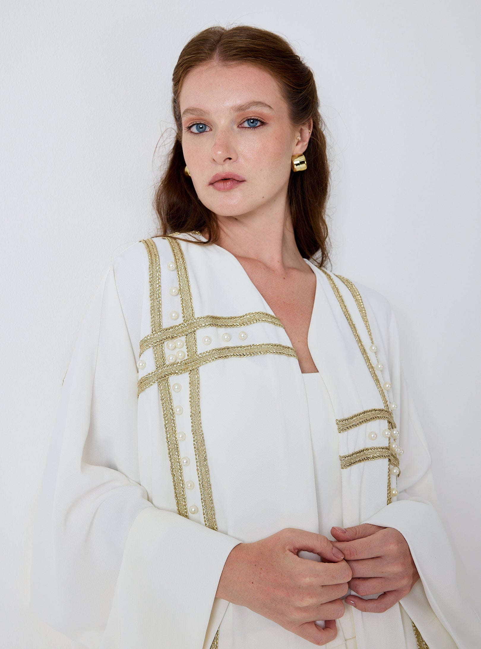 Off-White Abaya with Gold & Pearl Embellishments