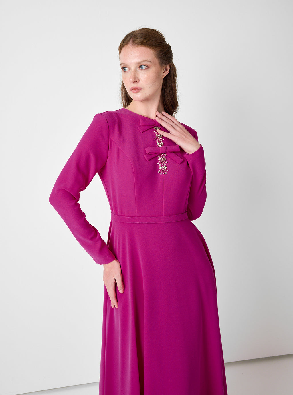 Fuchsia Maxi Dress with Bow & Jewel Detail - Store WF