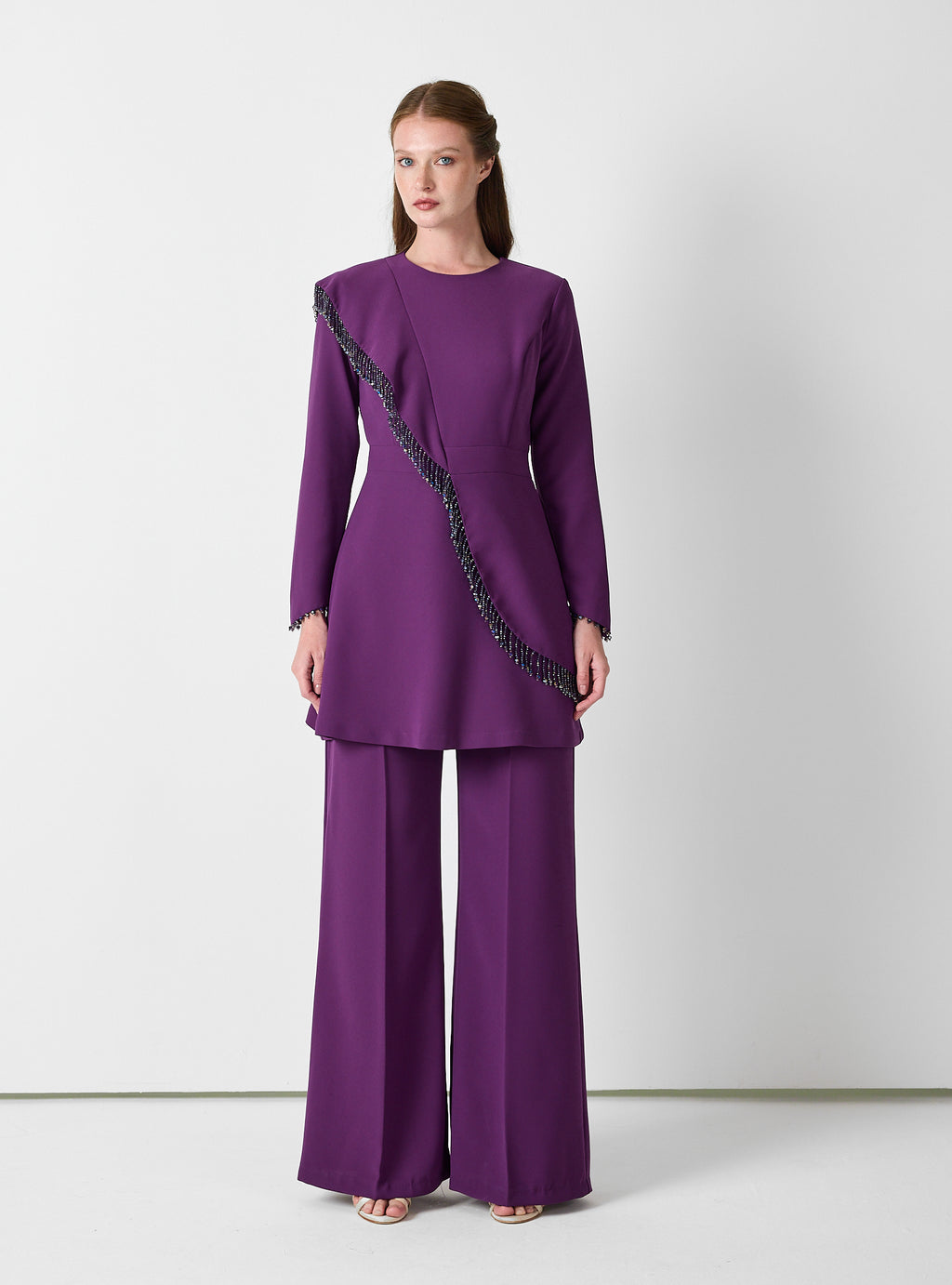 Purple Embellished Tunic & Wide-Leg Trouser Set - Store WF