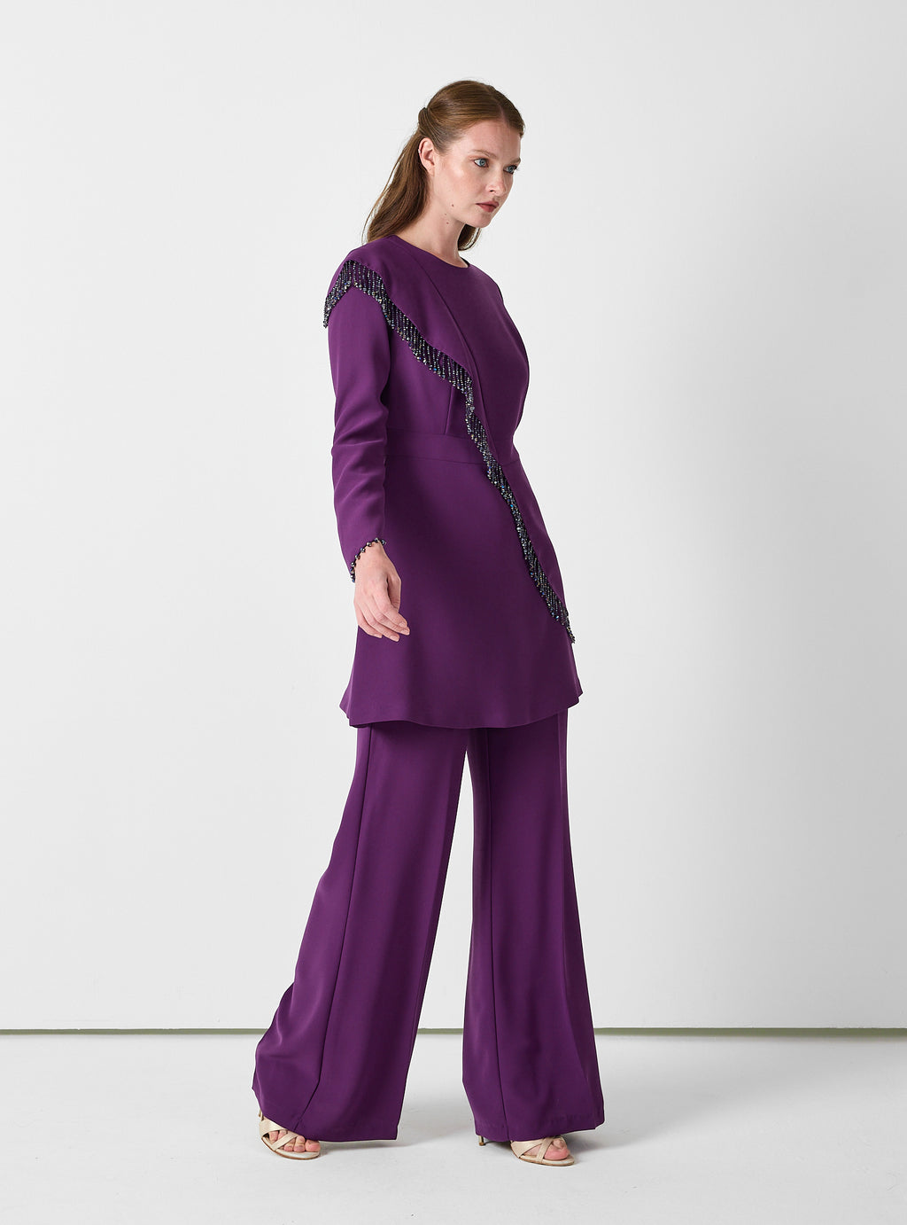 Purple Embellished Tunic & Wide-Leg Trouser Set - Store WF