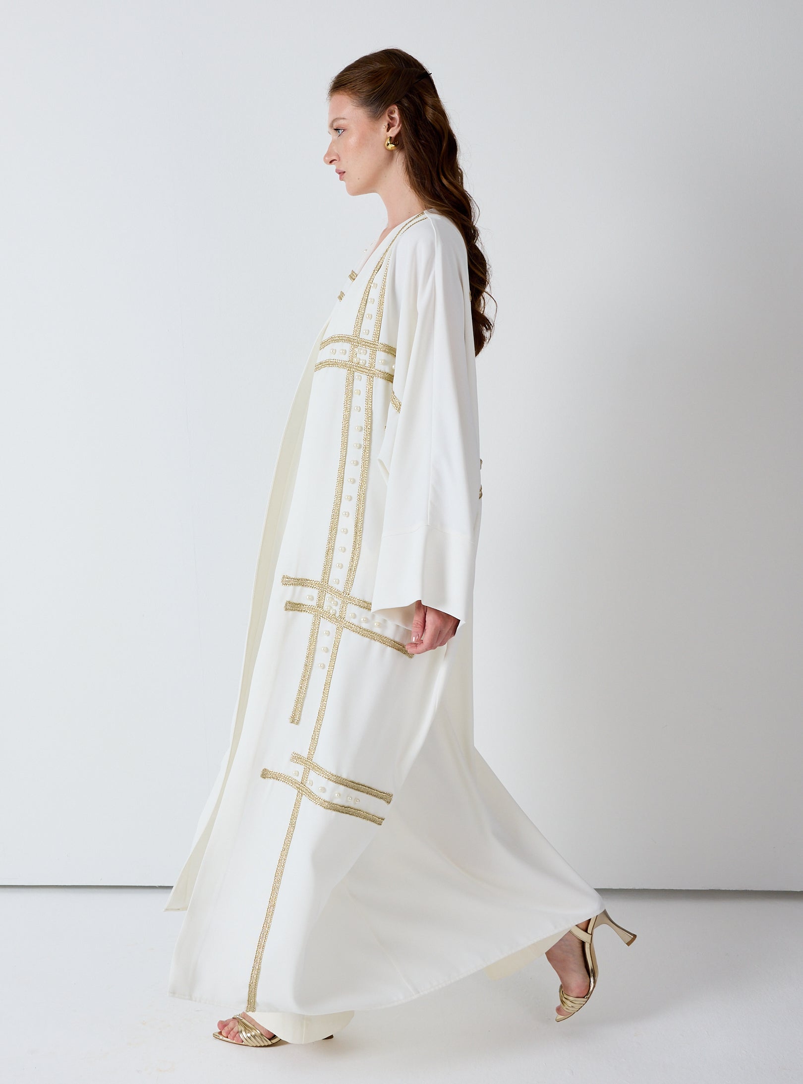 Off-White Abaya with Gold & Pearl Embellishments