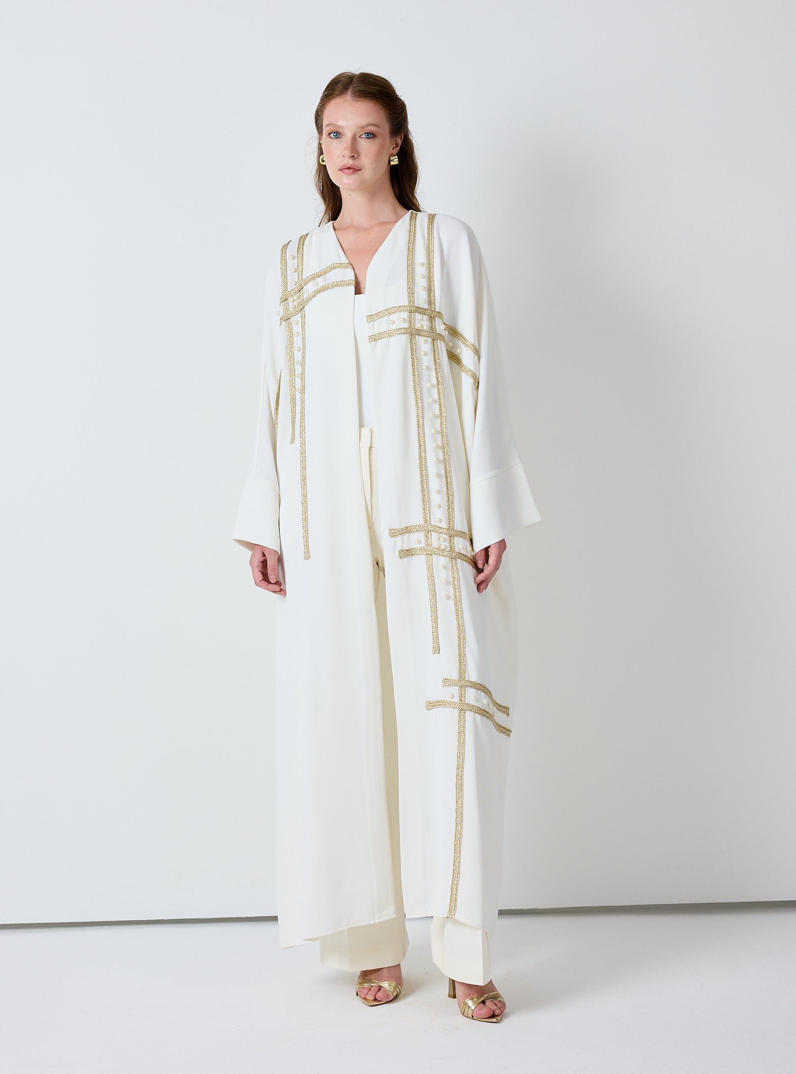 Off-White Abaya with Gold & Pearl Embellishments