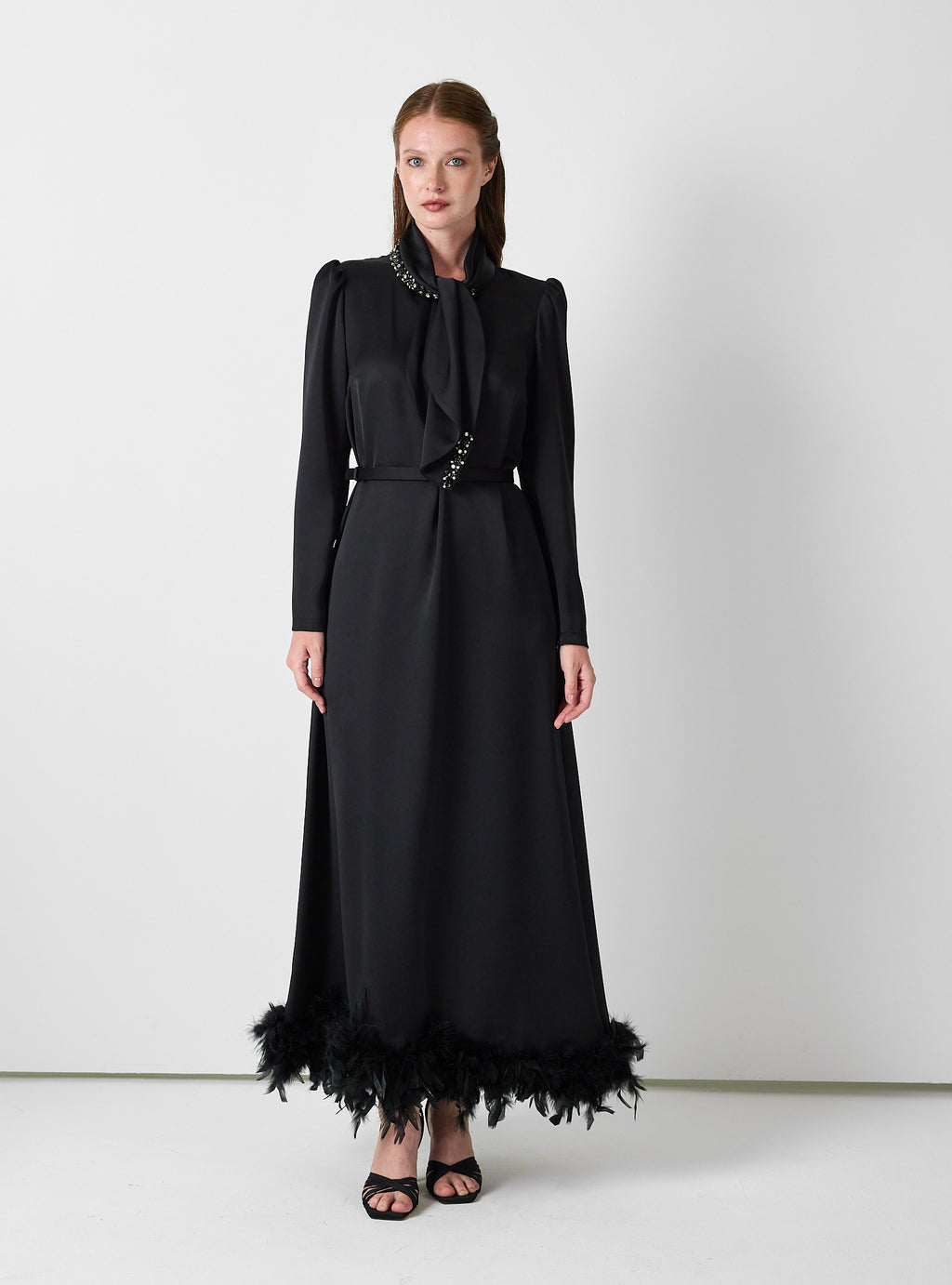 Black Feather-Trim Maxi Dress with Embellished Scarf Detail