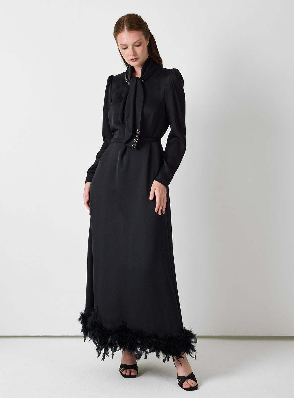 Black Feather-Trim Maxi Dress with Embellished Scarf Detail