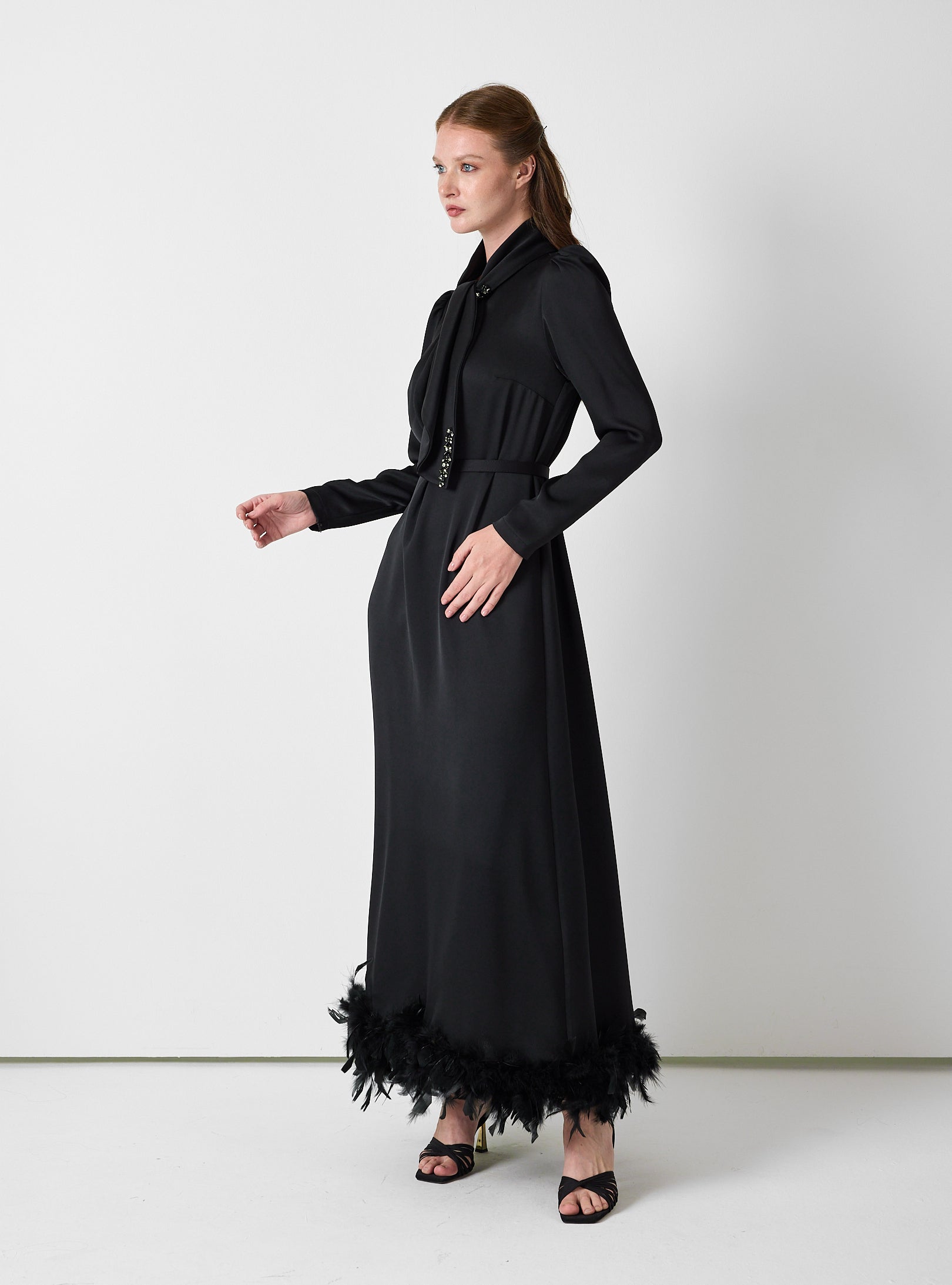 Black Feather-Trim Maxi Dress with Embellished Scarf Detail