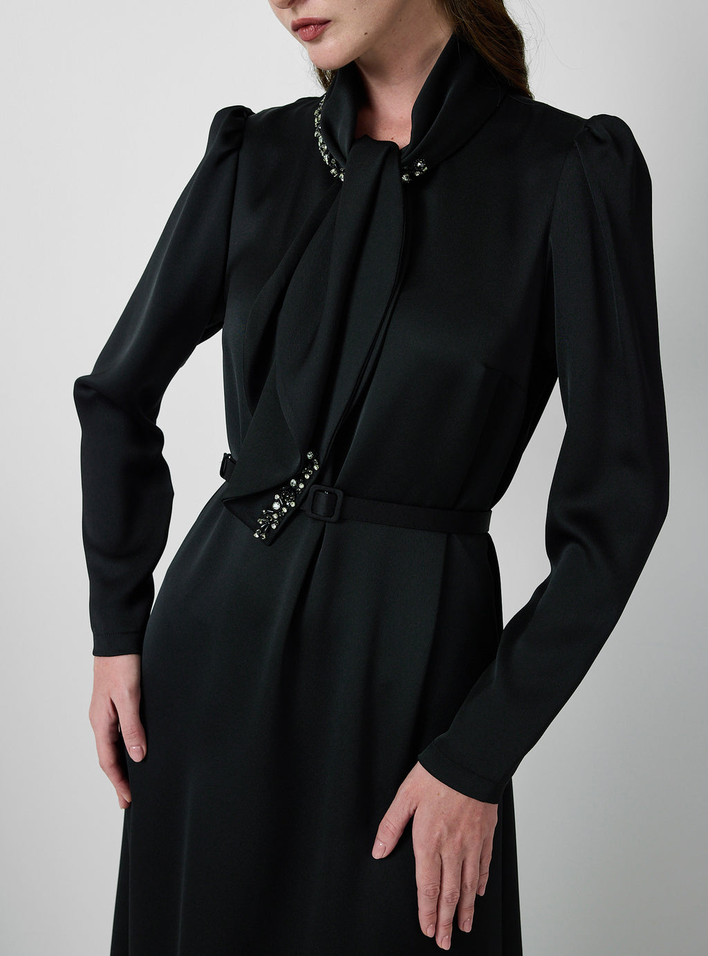 Black Feather-Trim Maxi Dress with Embellished Scarf Detail