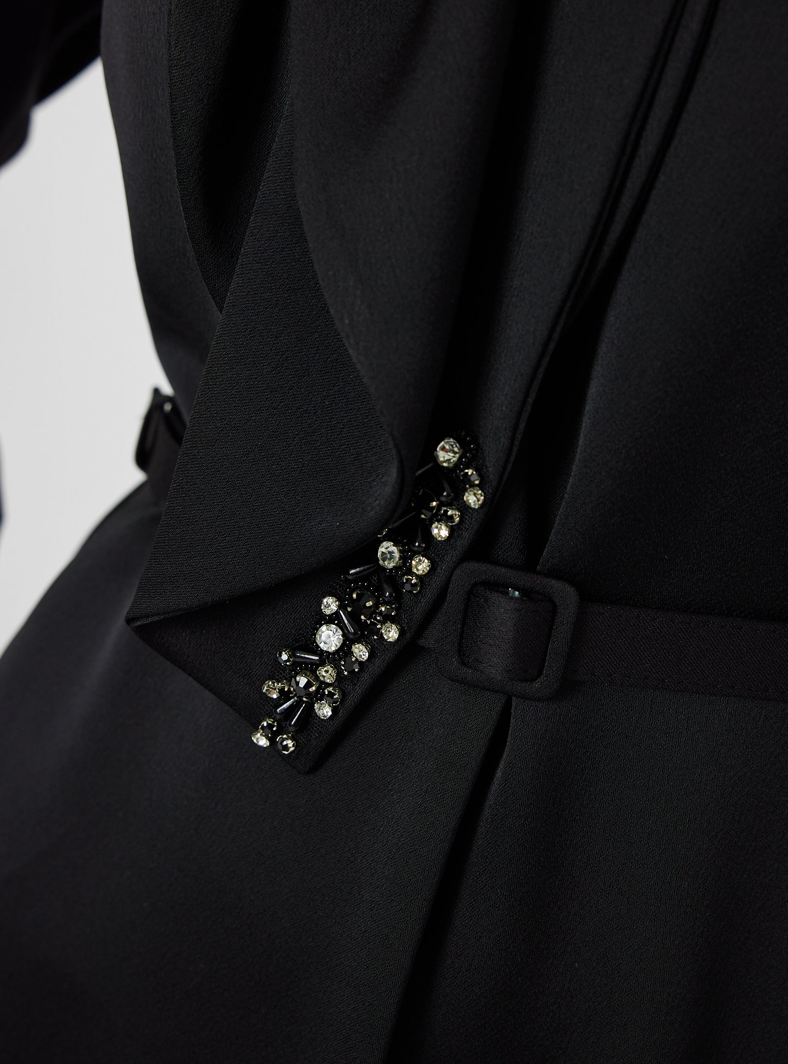 Black Feather-Trim Maxi Dress with Embellished Scarf Detail