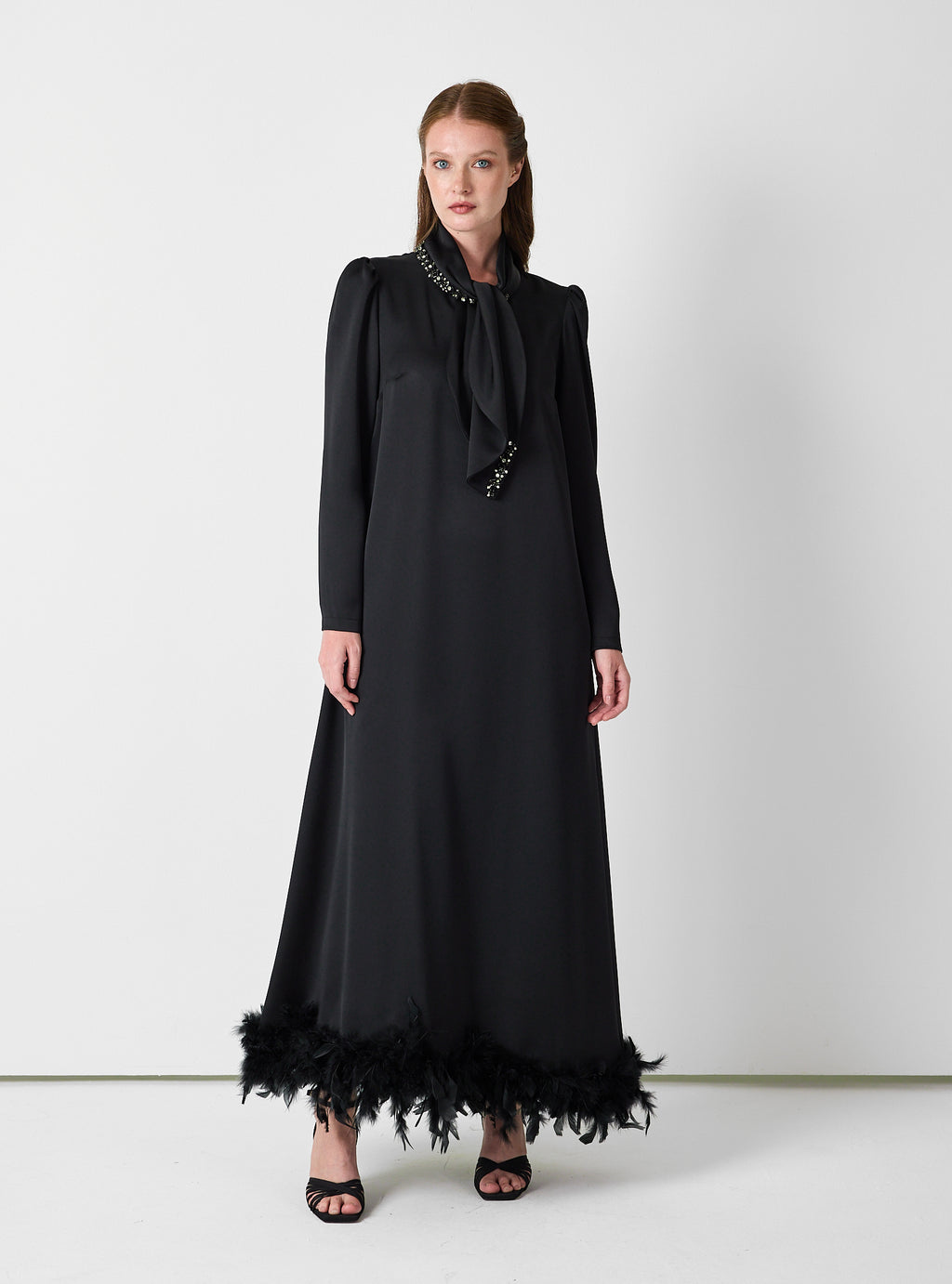 Black Feather-Trim Maxi Dress with Embellished Scarf Detail