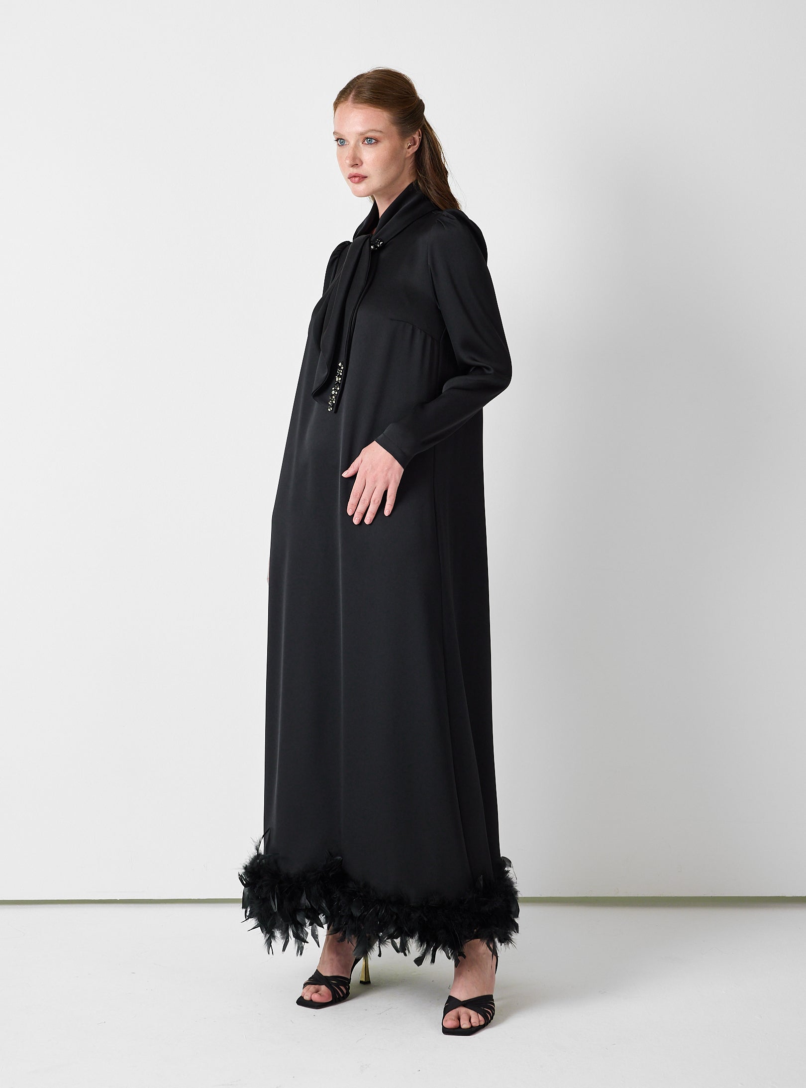 Black Feather-Trim Maxi Dress with Embellished Scarf Detail