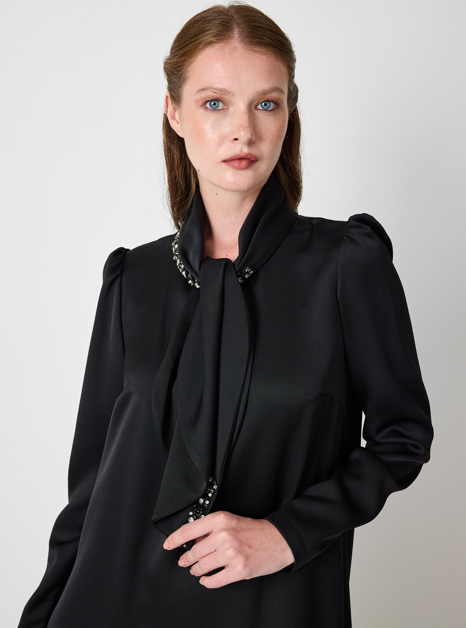 Black Feather-Trim Maxi Dress with Embellished Scarf Detail