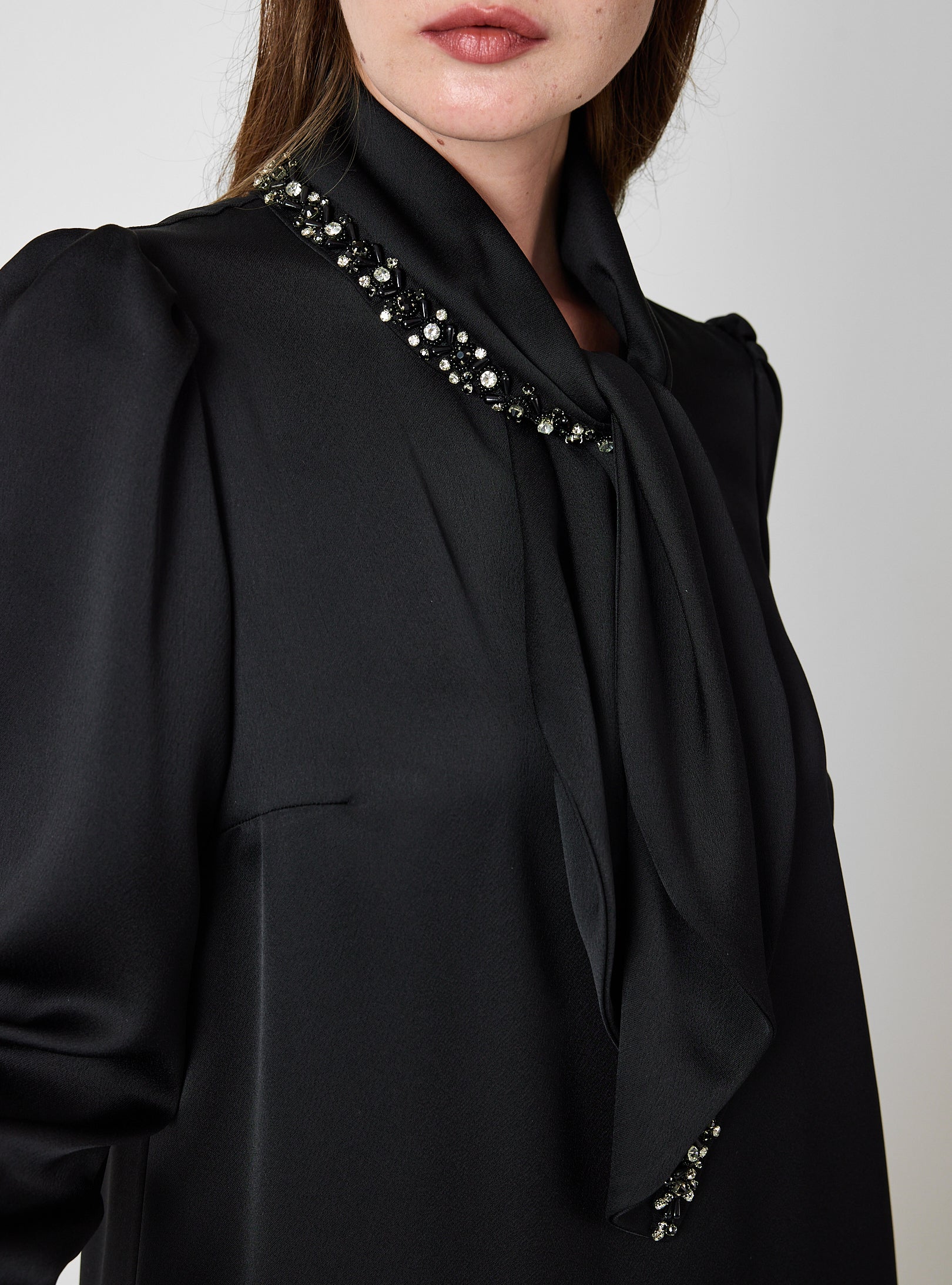 Black Feather-Trim Maxi Dress with Embellished Scarf Detail