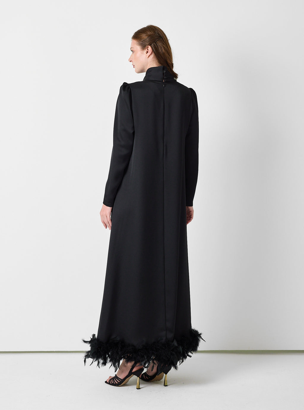 Black Feather-Trim Maxi Dress with Embellished Scarf Detail