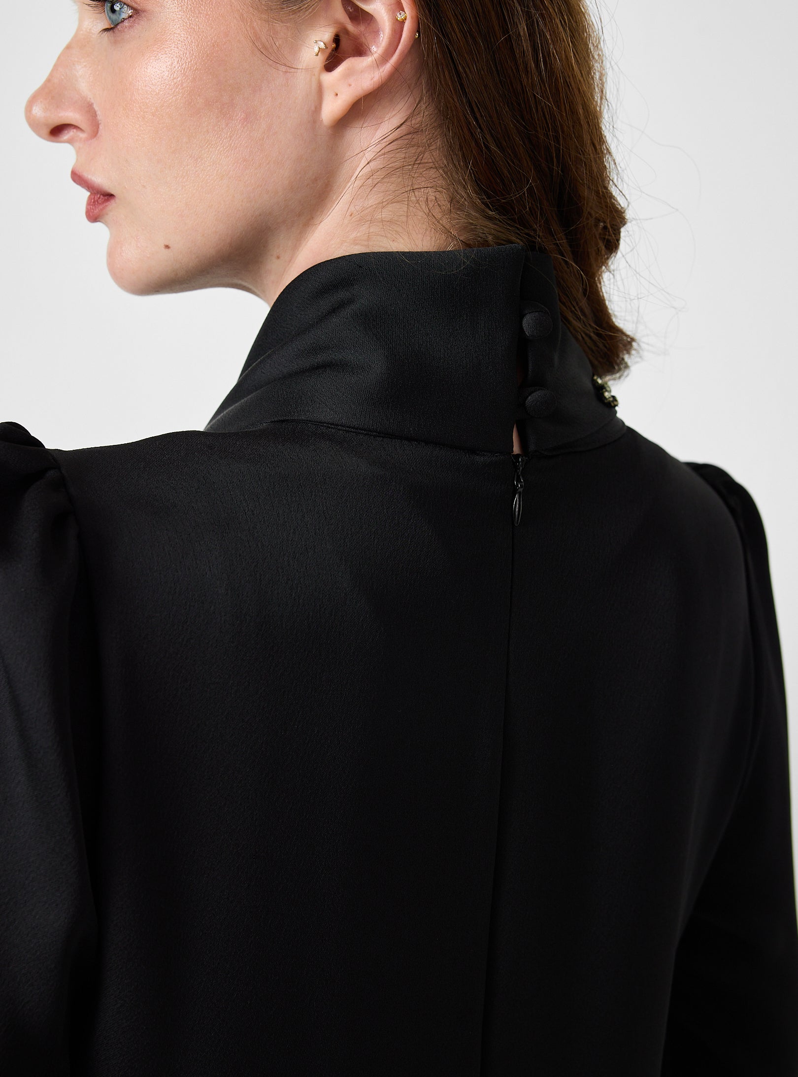 Black Feather-Trim Maxi Dress with Embellished Scarf Detail