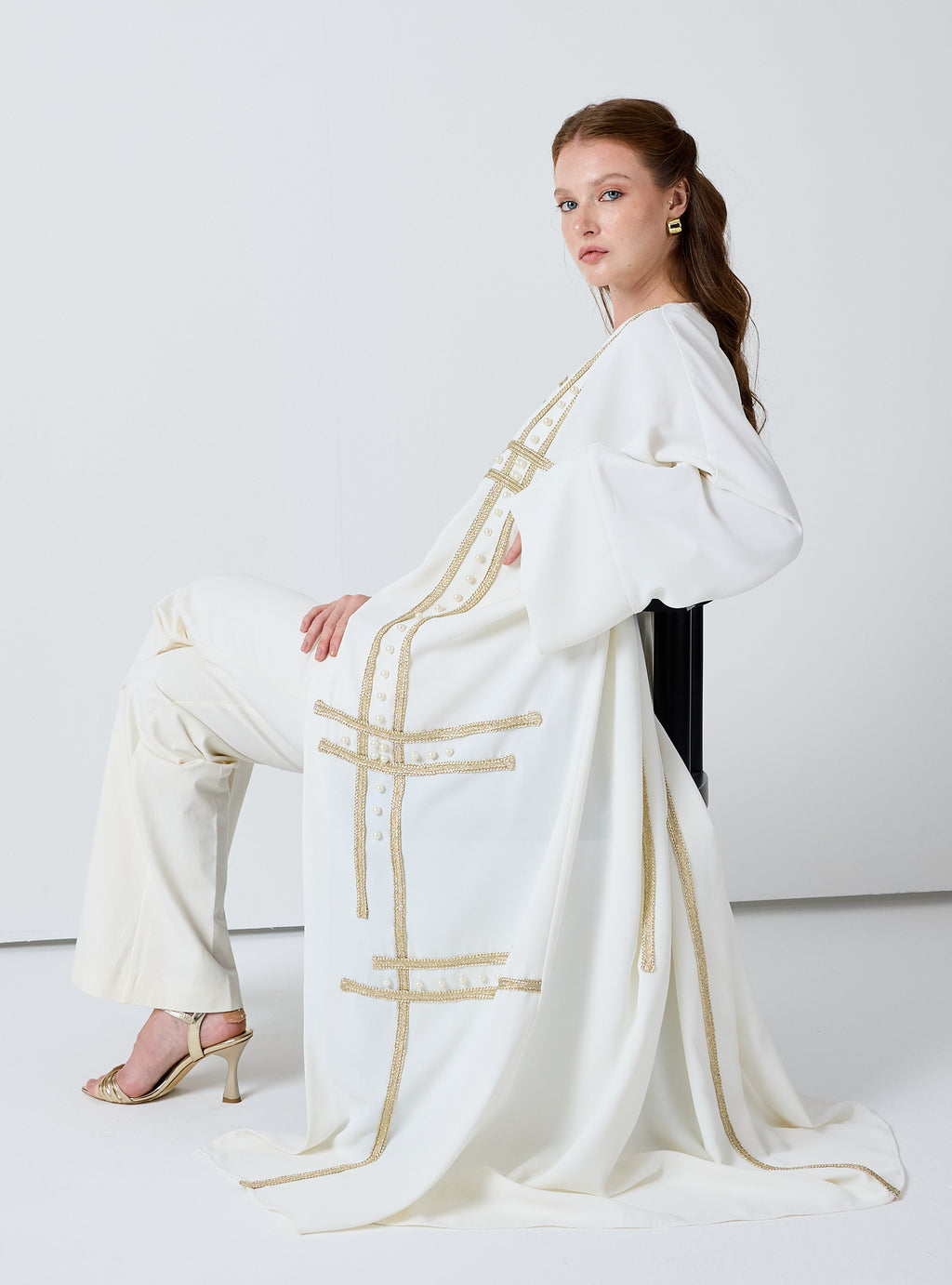 Off-White Abaya with Gold & Pearl Embellishments