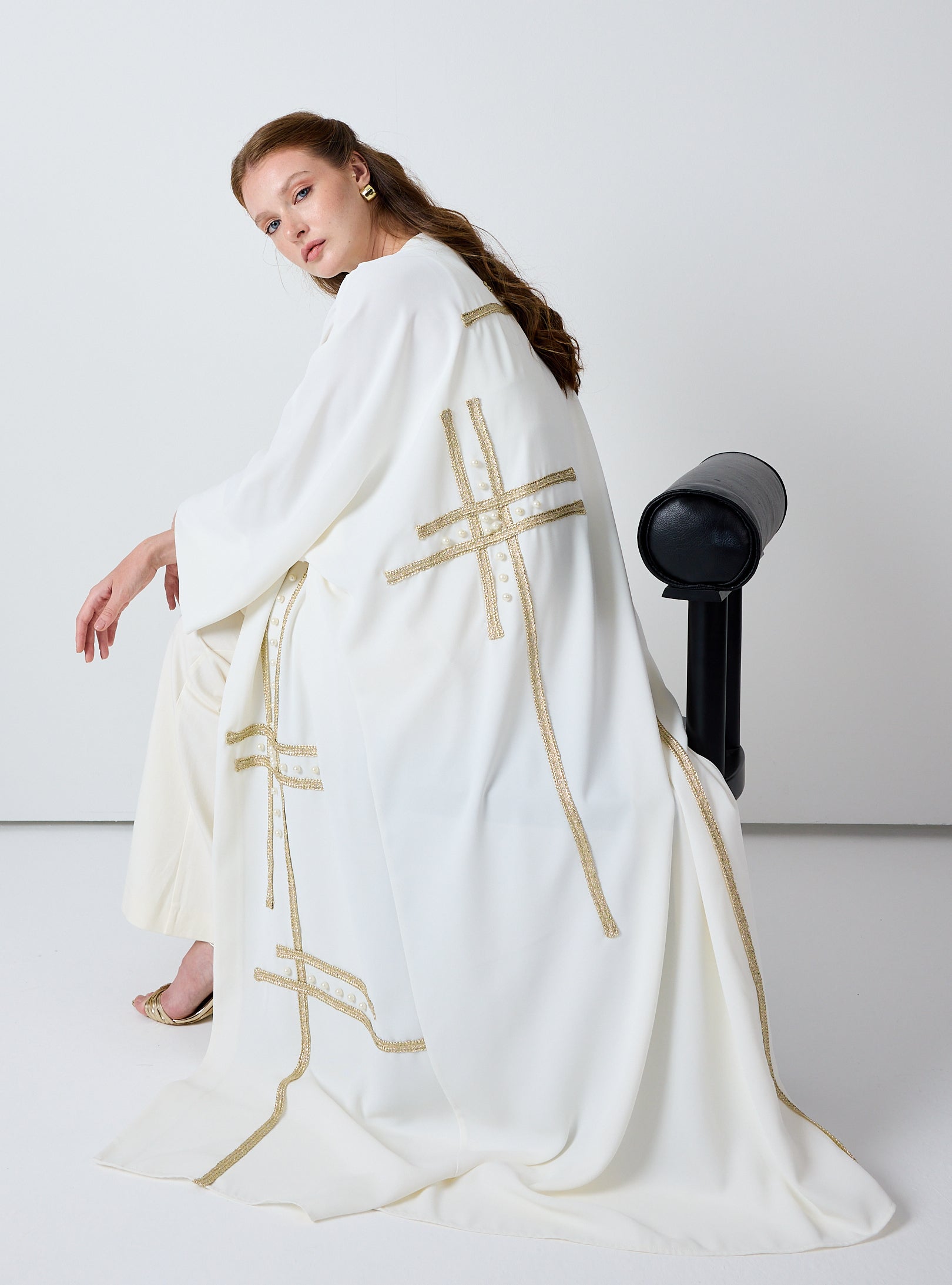 Off-White Abaya with Gold & Pearl Embellishments