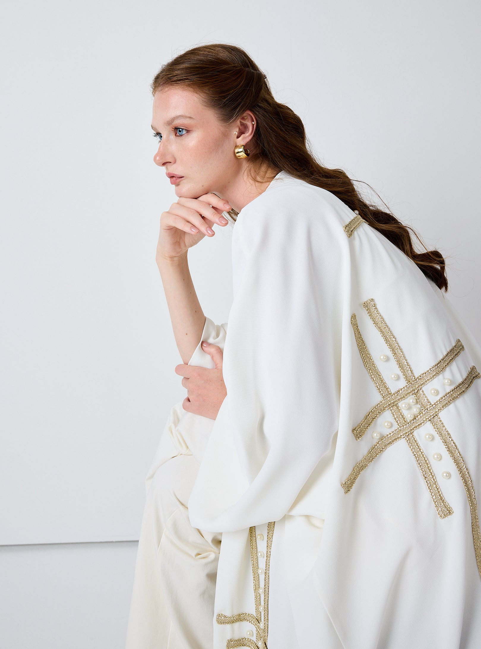 Off-White Abaya with Gold & Pearl Embellishments