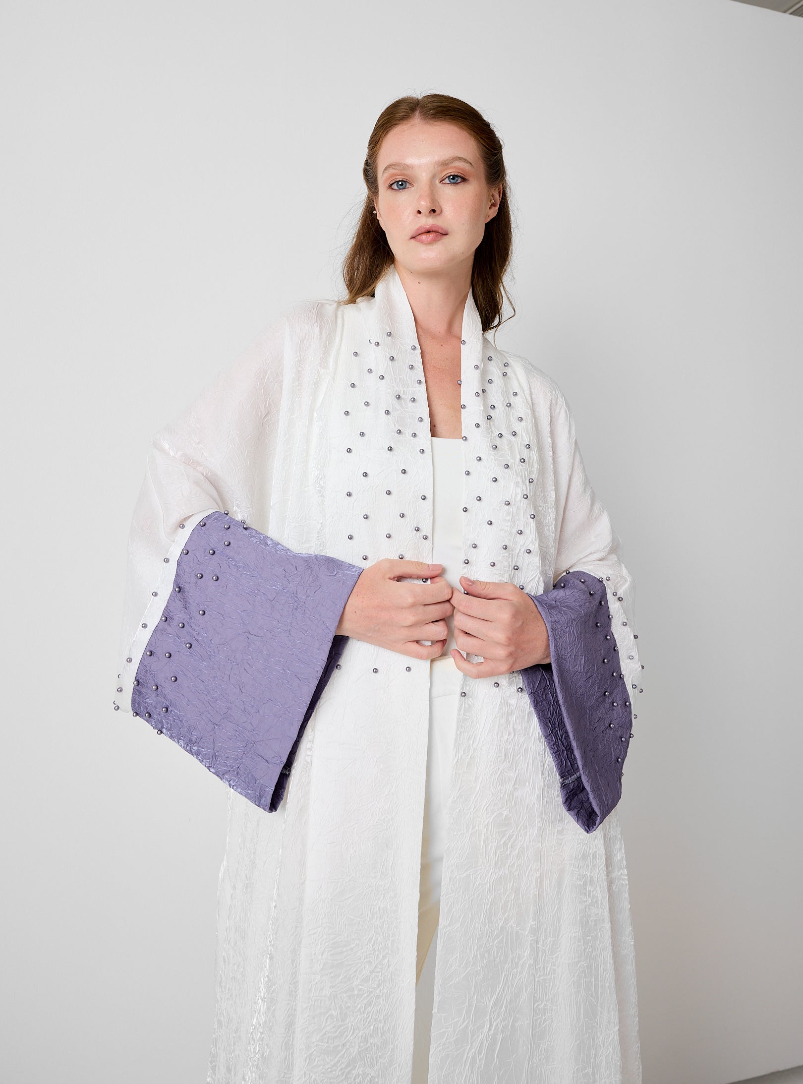 Ivory Crinkle Abaya with Pearl Detailing & Contrast Cuffs