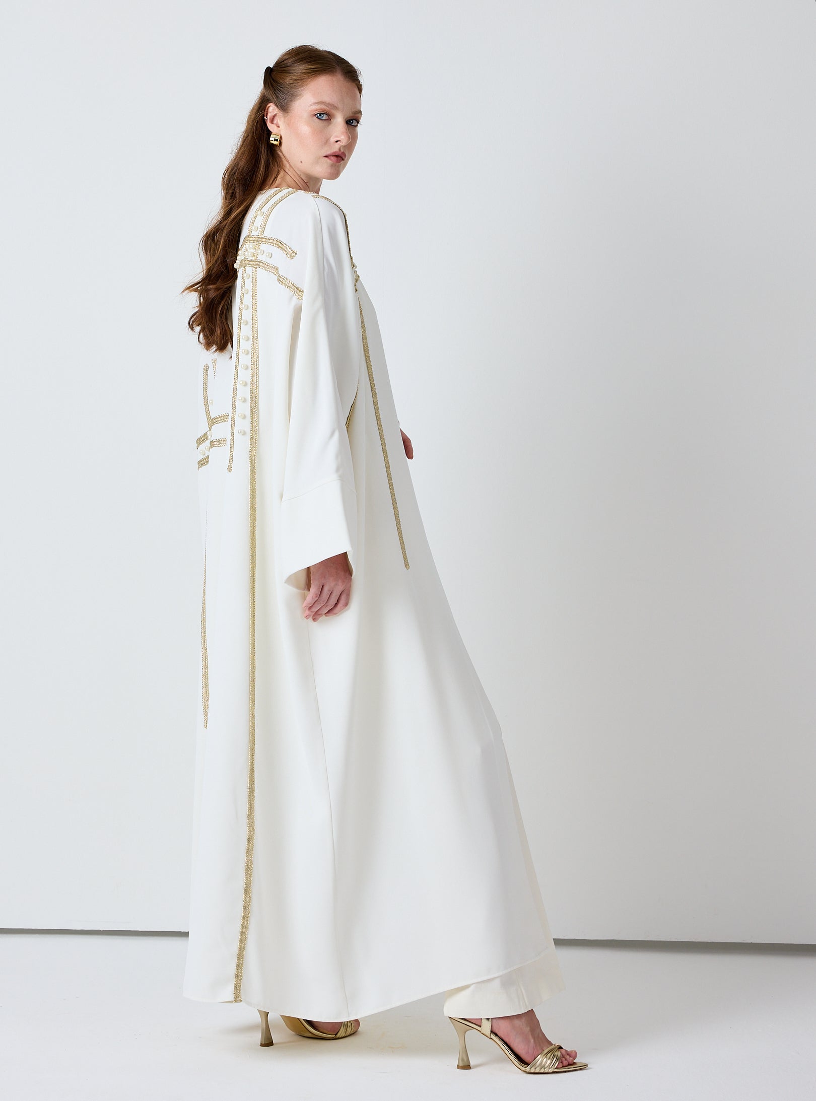 Off-White Abaya with Gold & Pearl Embellishments