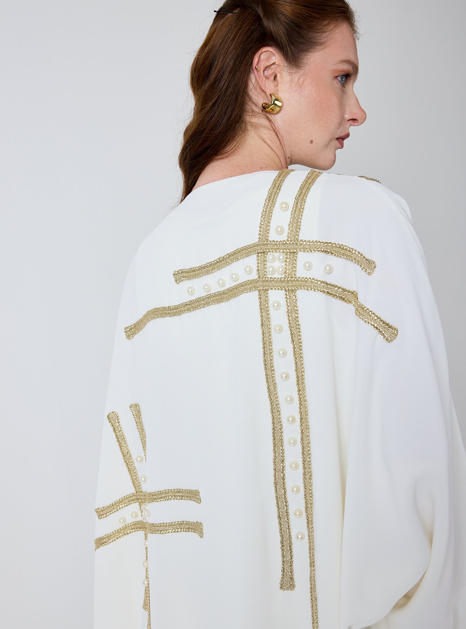 Off-White Abaya with Gold & Pearl Embellishments