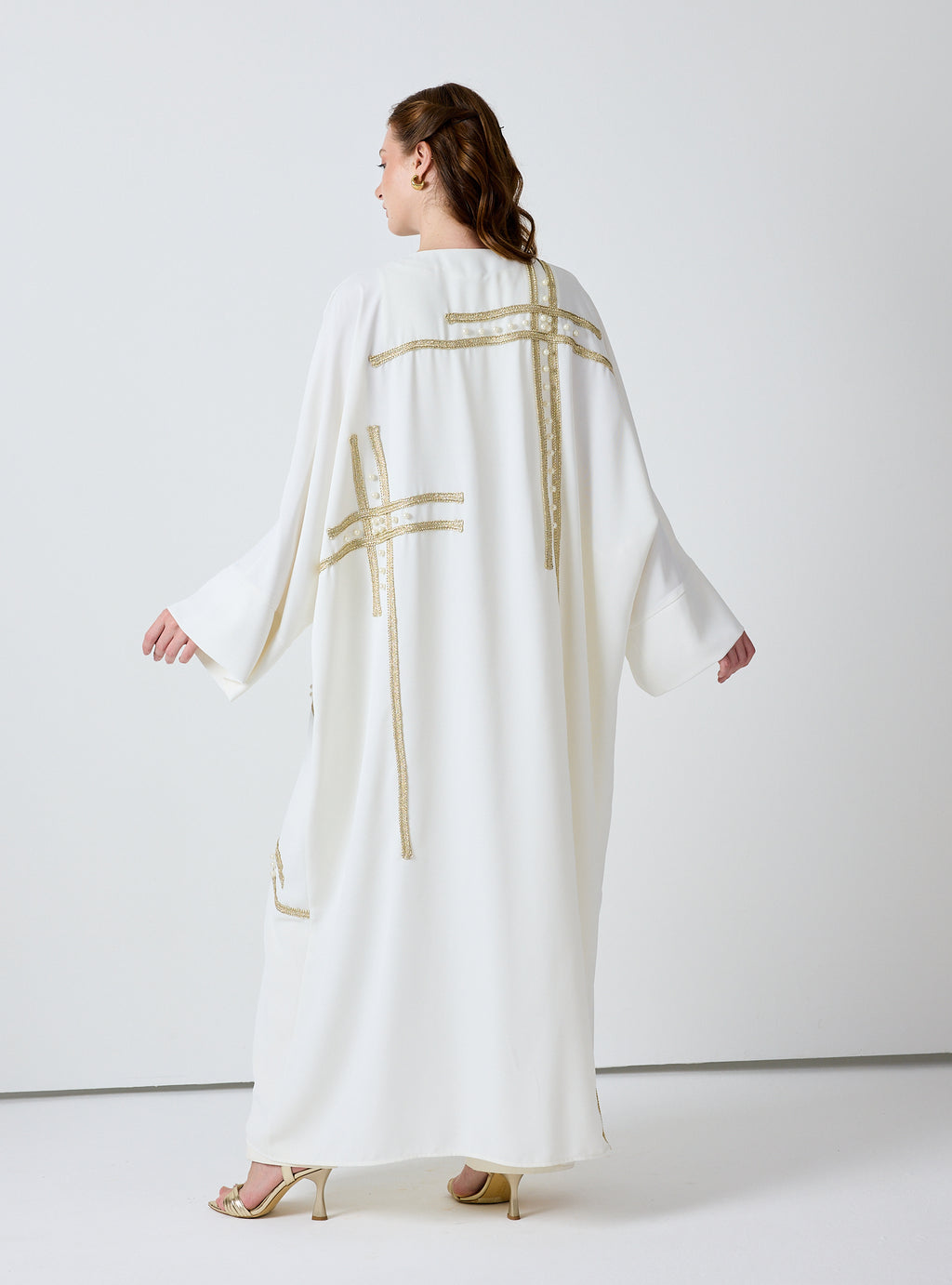 Off-White Abaya with Gold & Pearl Embellishments