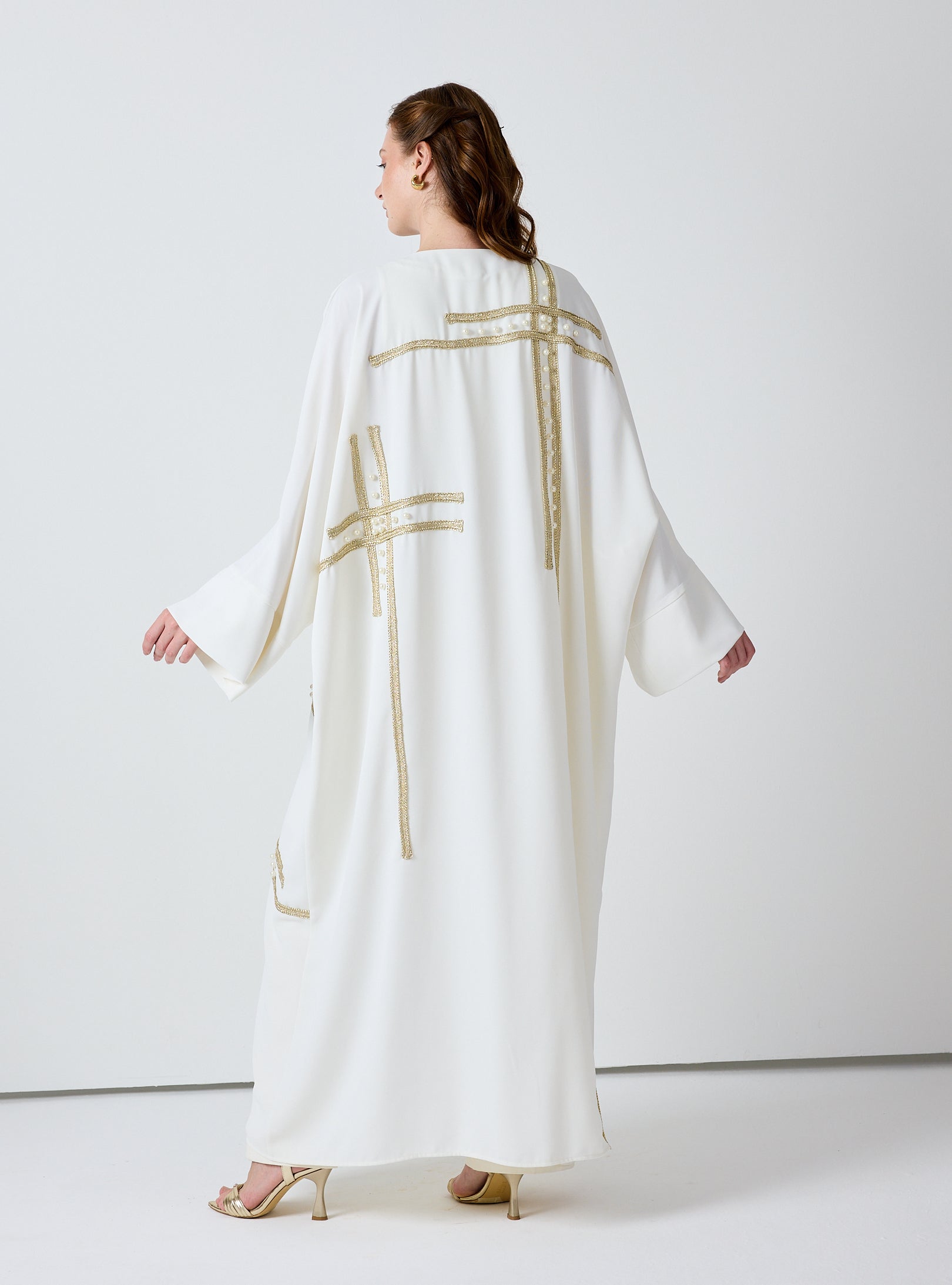 Off-White Abaya with Gold & Pearl Embellishments