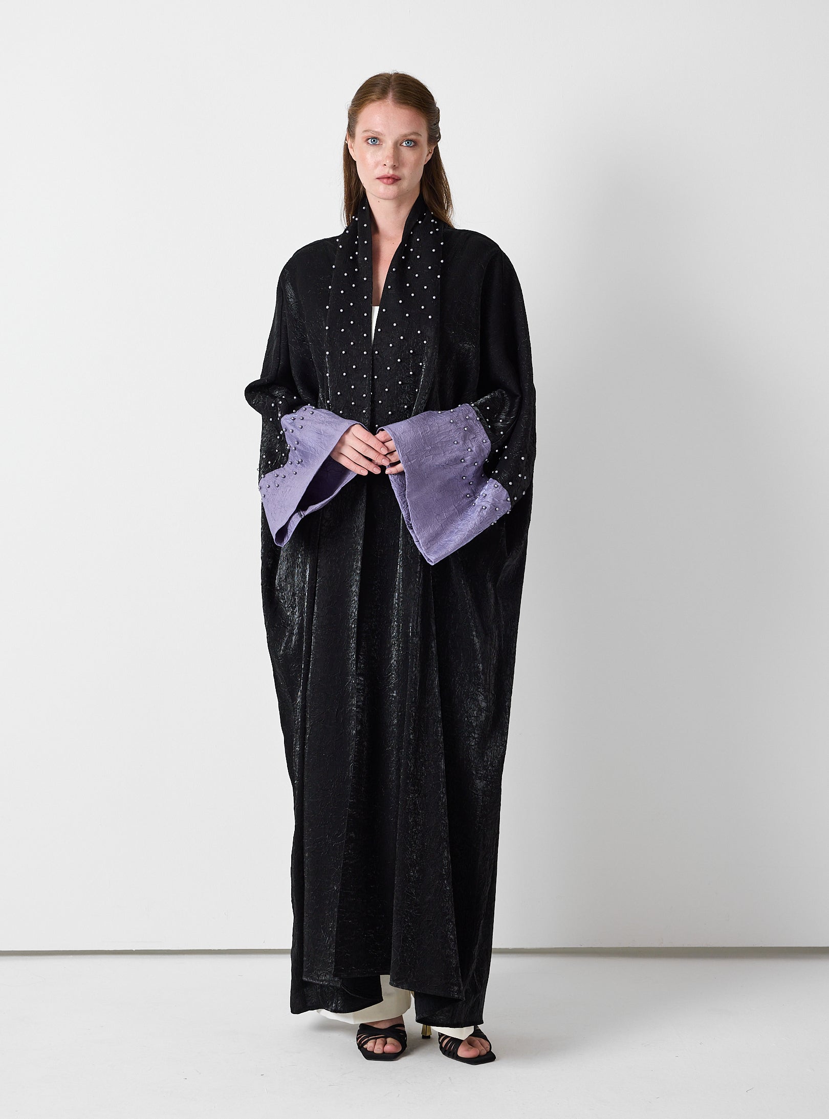 Black Crinkle Abaya with Pearl Detailing & Contrast Cuffs