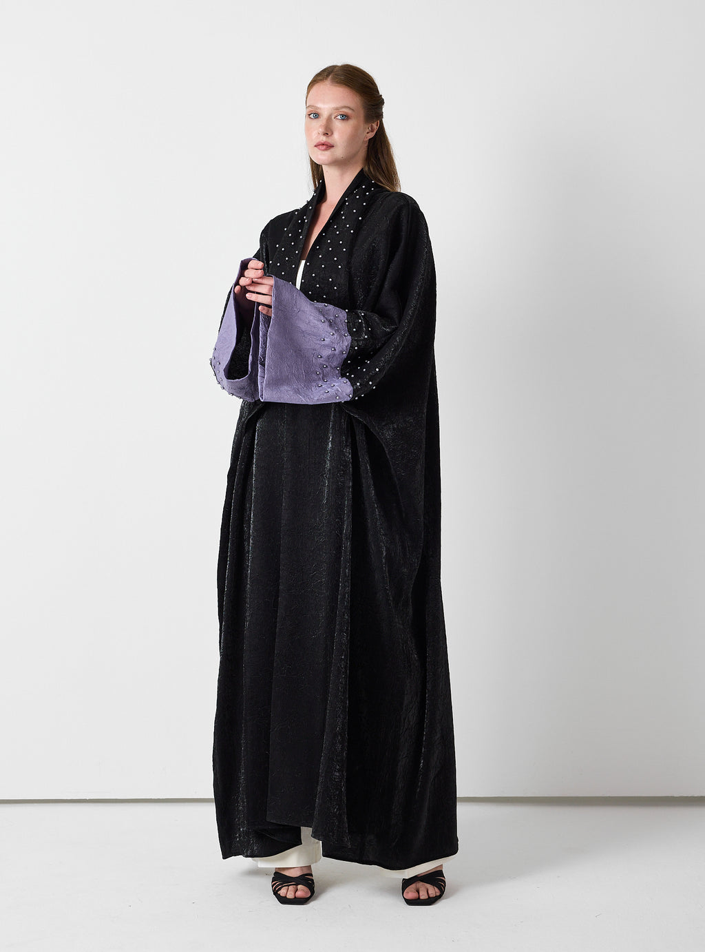 Black Crinkle Abaya with Pearl Detailing & Contrast Cuffs