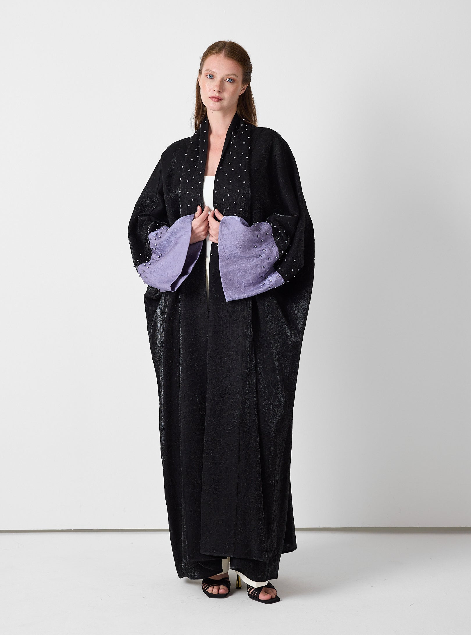 Black Crinkle Abaya with Pearl Detailing & Contrast Cuffs