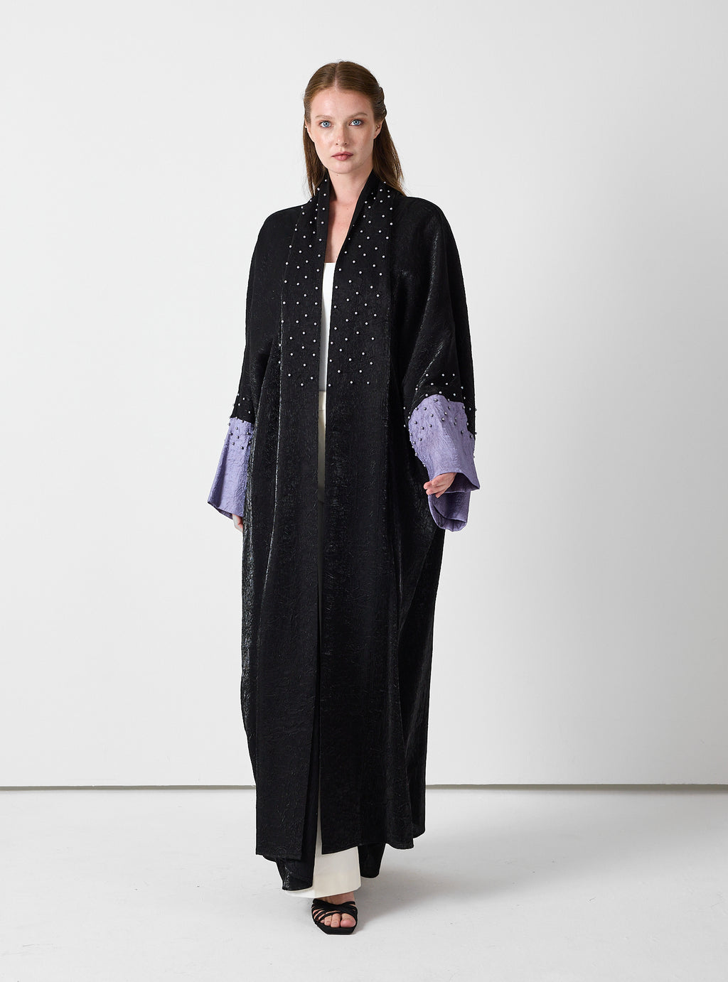 Black Crinkle Abaya with Pearl Detailing & Contrast Cuffs