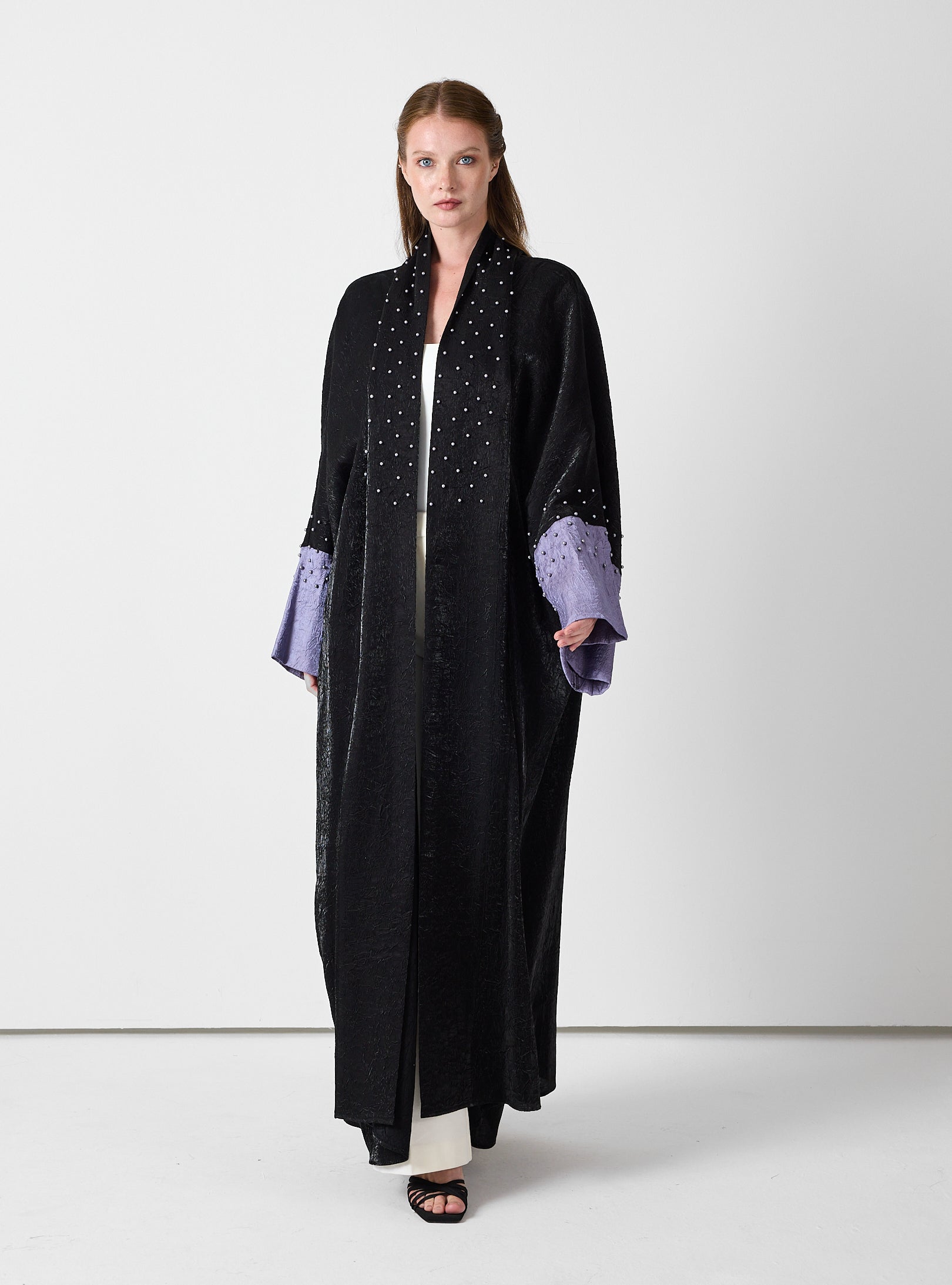 Black Crinkle Abaya with Pearl Detailing & Contrast Cuffs