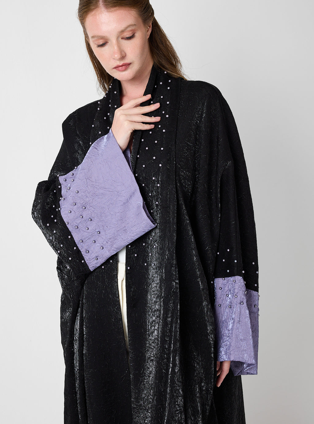 Black Crinkle Abaya with Pearl Detailing & Contrast Cuffs