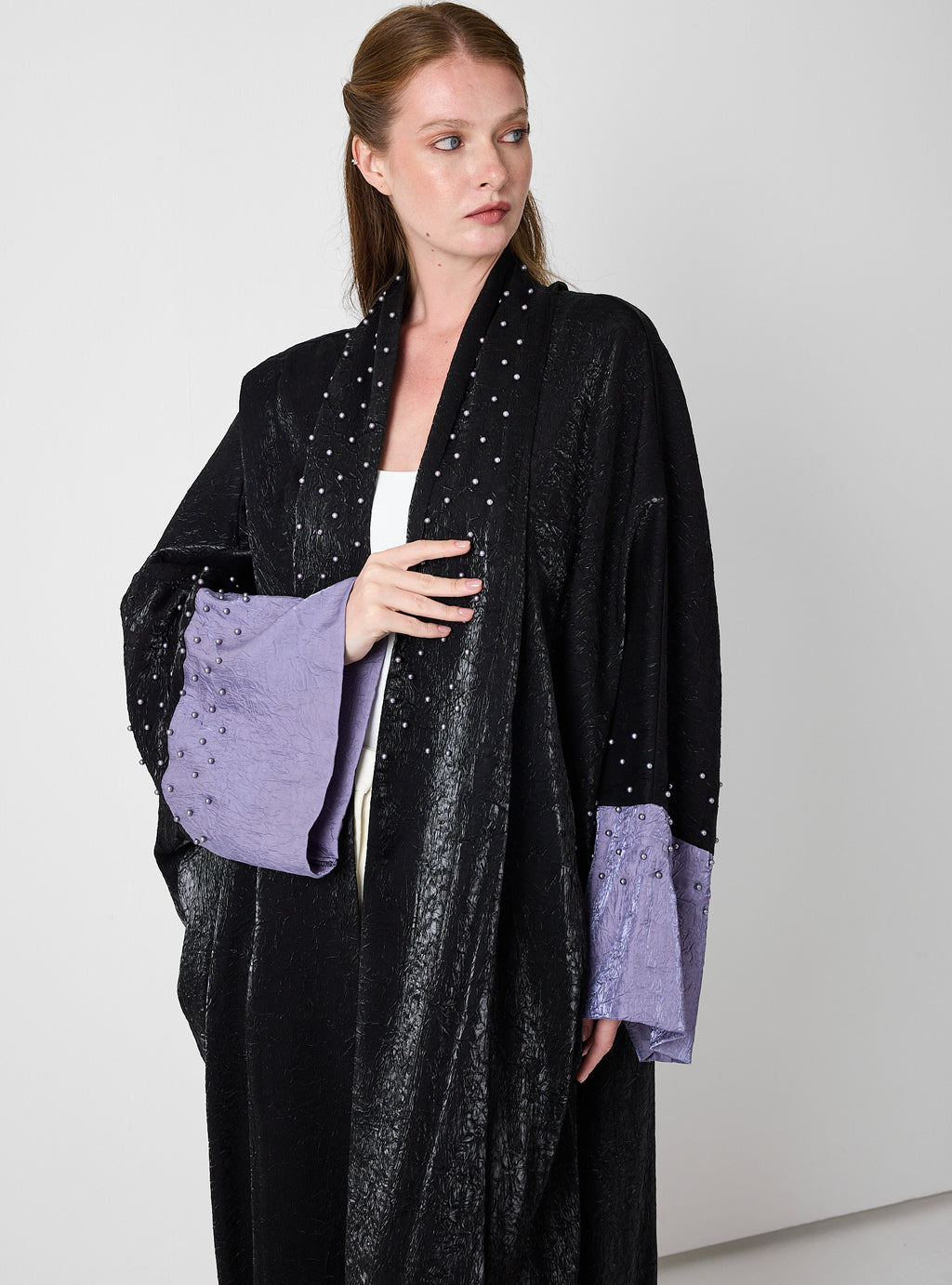 Black Crinkle Abaya with Pearl Detailing & Contrast Cuffs