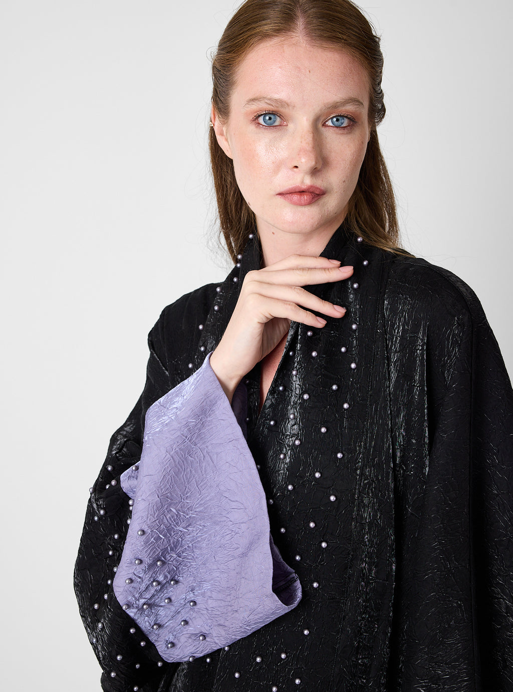 Black Crinkle Abaya with Pearl Detailing & Contrast Cuffs
