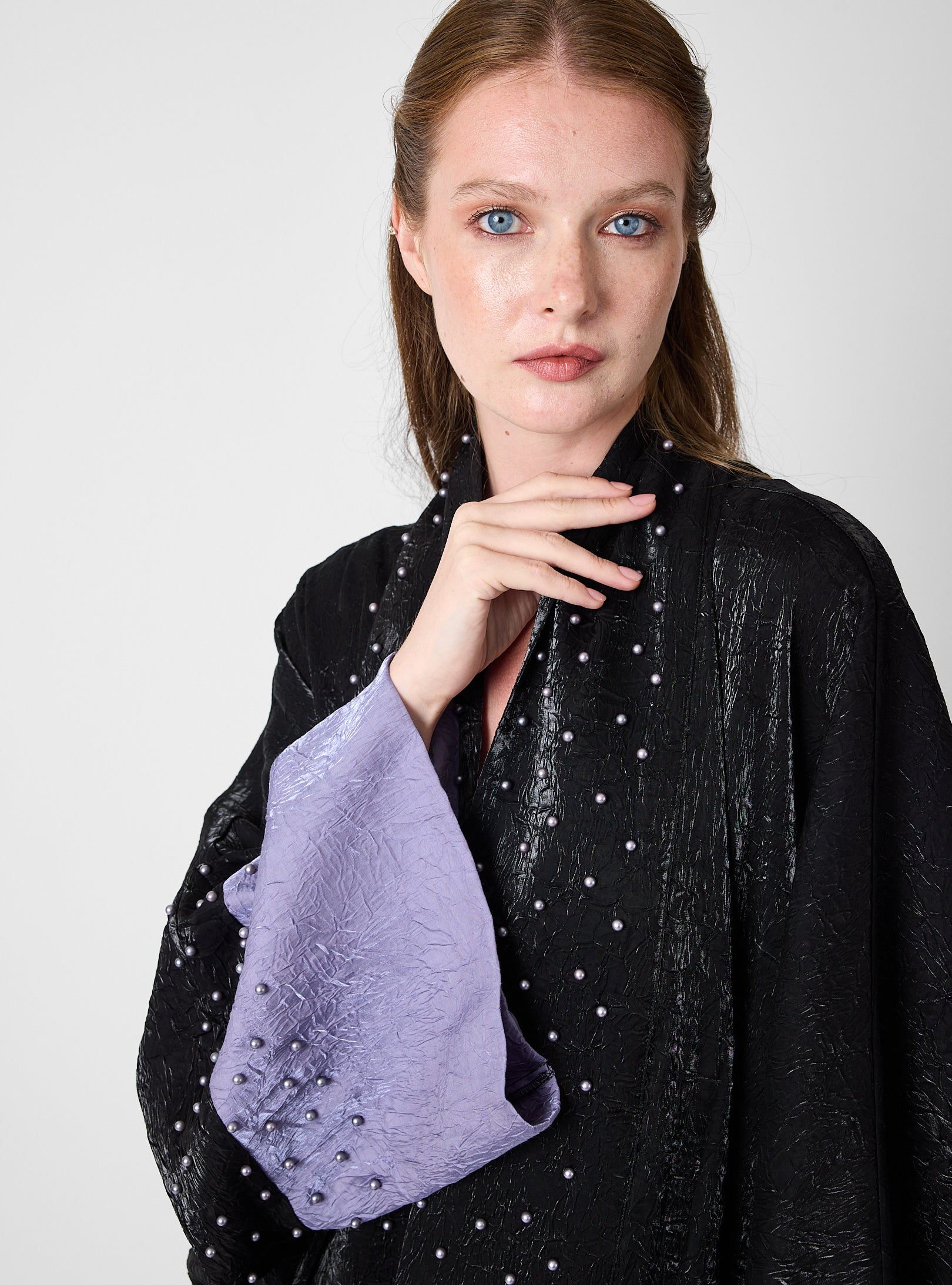 Black Crinkle Abaya with Pearl Detailing & Contrast Cuffs