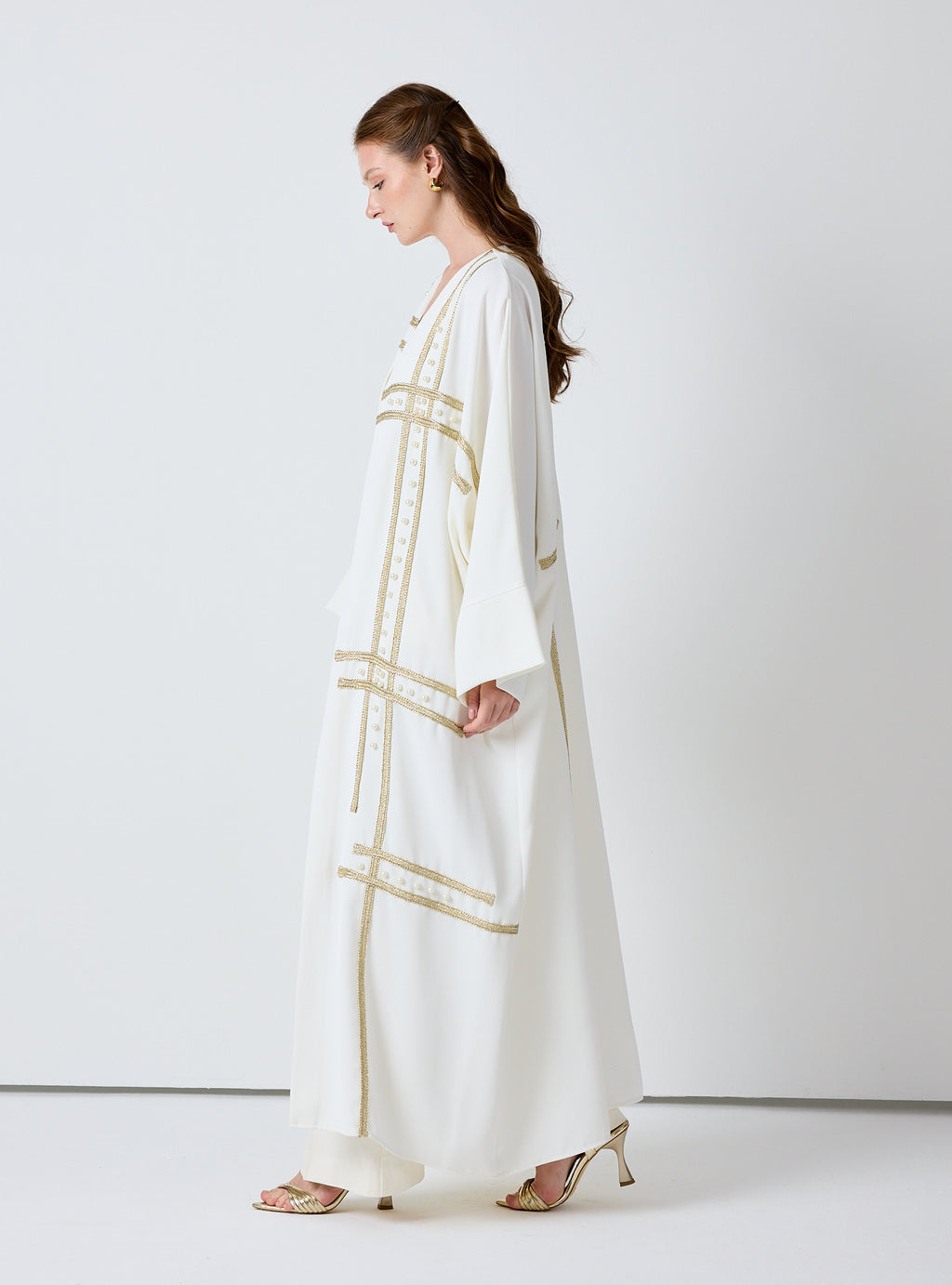 Off-White Abaya with Gold & Pearl Embellishments