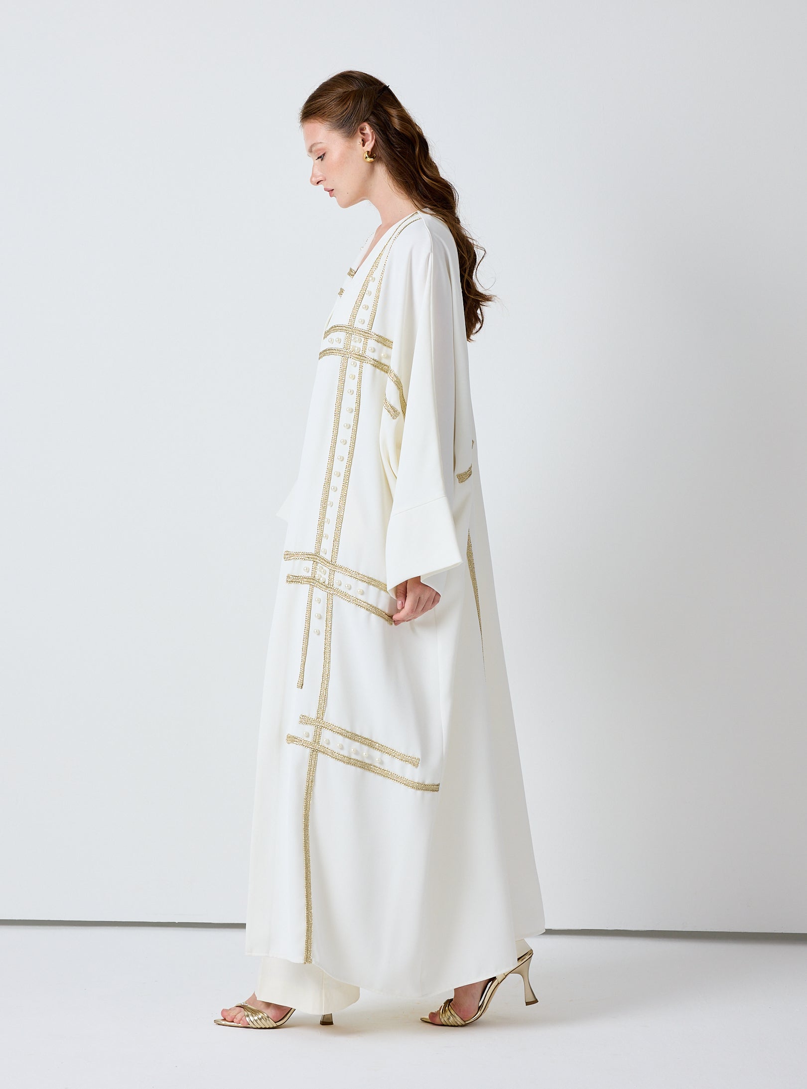Off-White Abaya with Gold & Pearl Embellishments