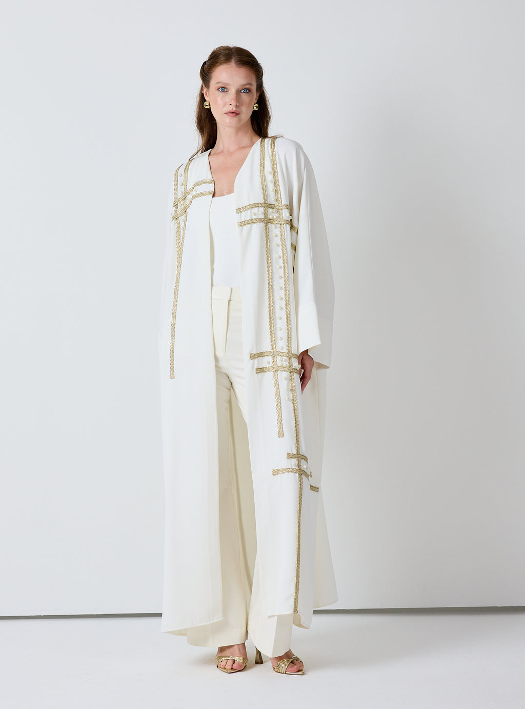 Off-White Abaya with Gold & Pearl Embellishments