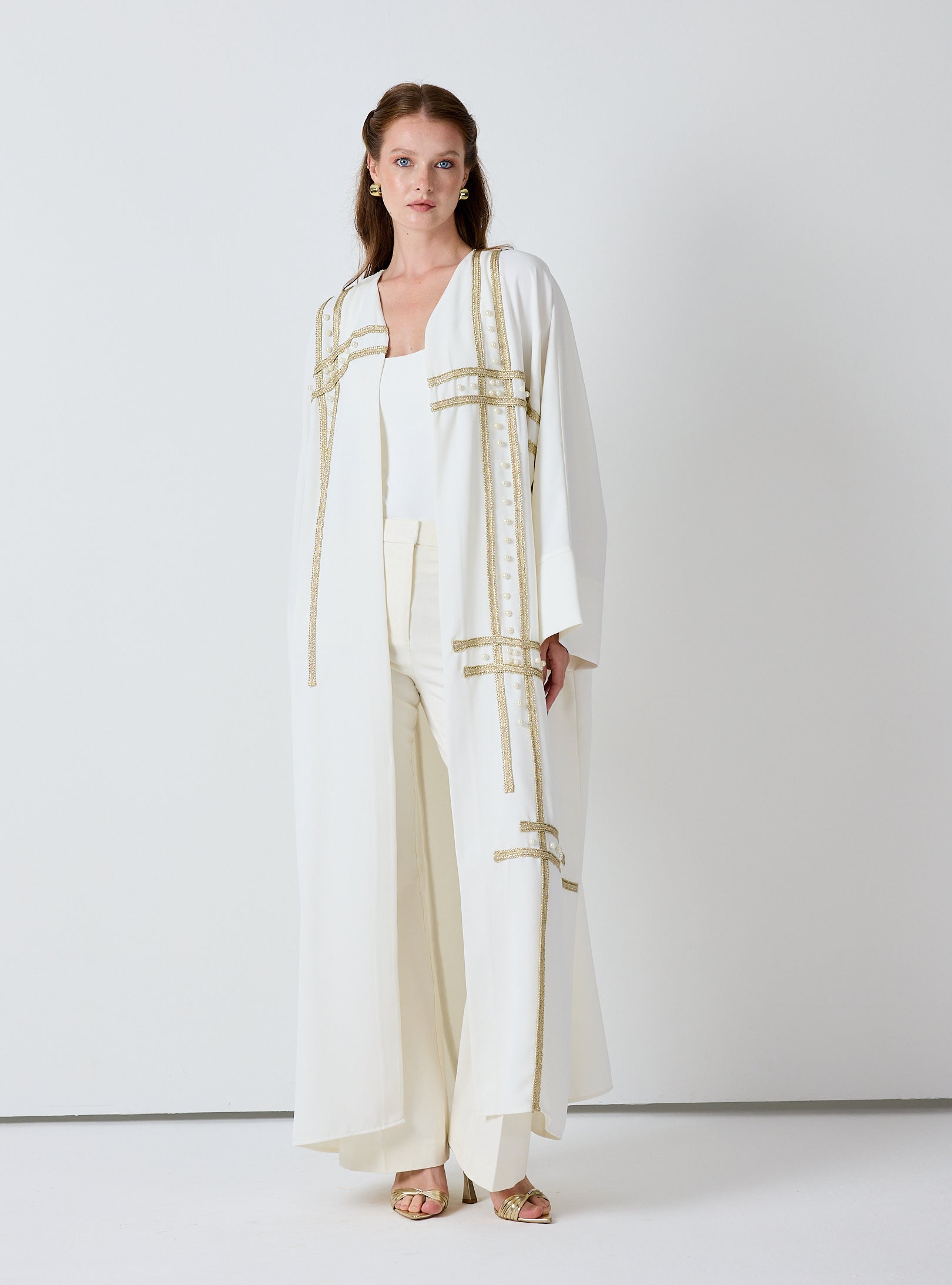 Off-White Abaya with Gold & Pearl Embellishments