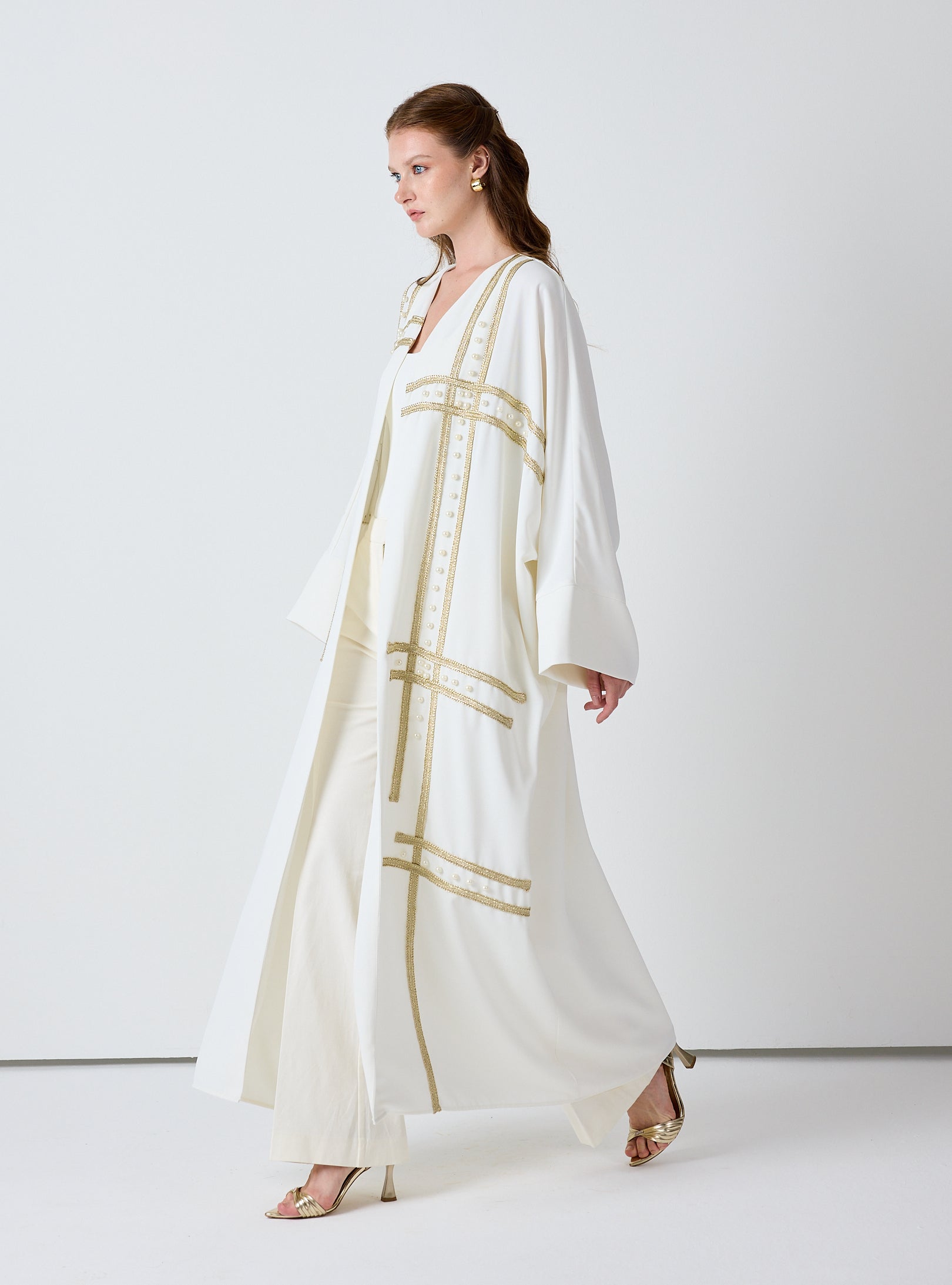 Off-White Abaya with Gold & Pearl Embellishments